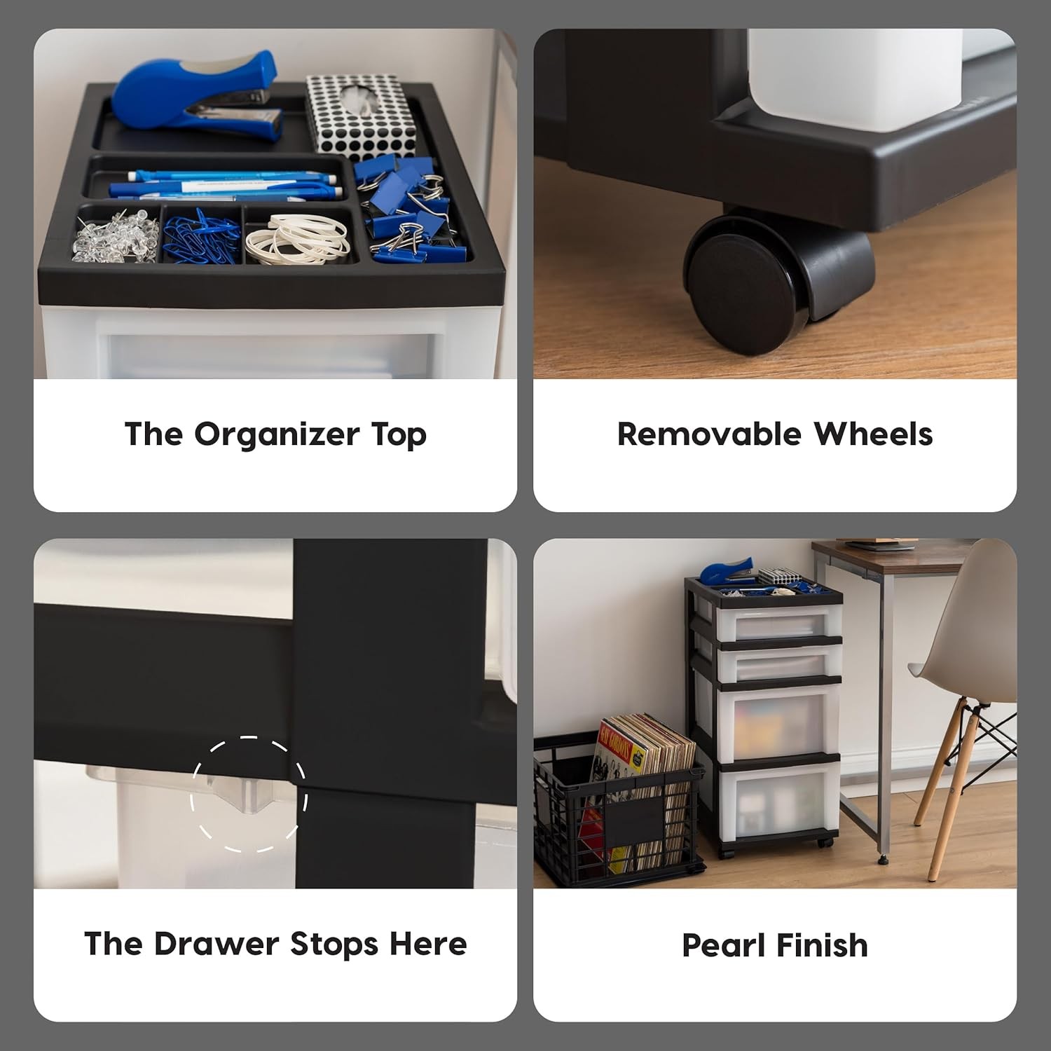 USA Plastic Drawer Storage Organizer Rolling Cart, with Wheels Casters