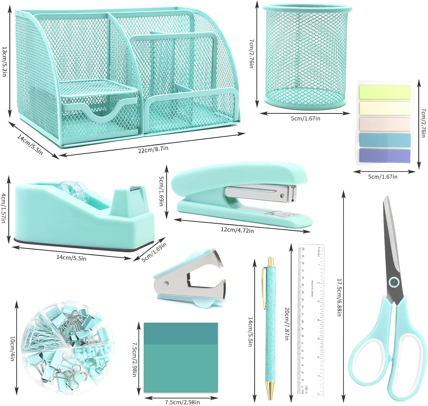12 in 1 Green Desk Organizers & Accessories Set, Office Supplies Include Stapler