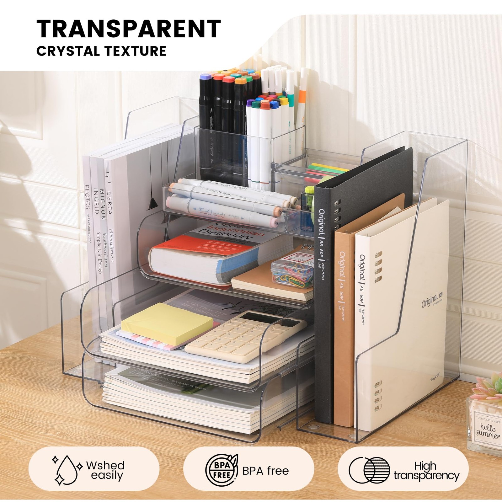 Desk Organizer with 2 Vertical File Holder, 4 Tier Stackable Letter Tray File…
