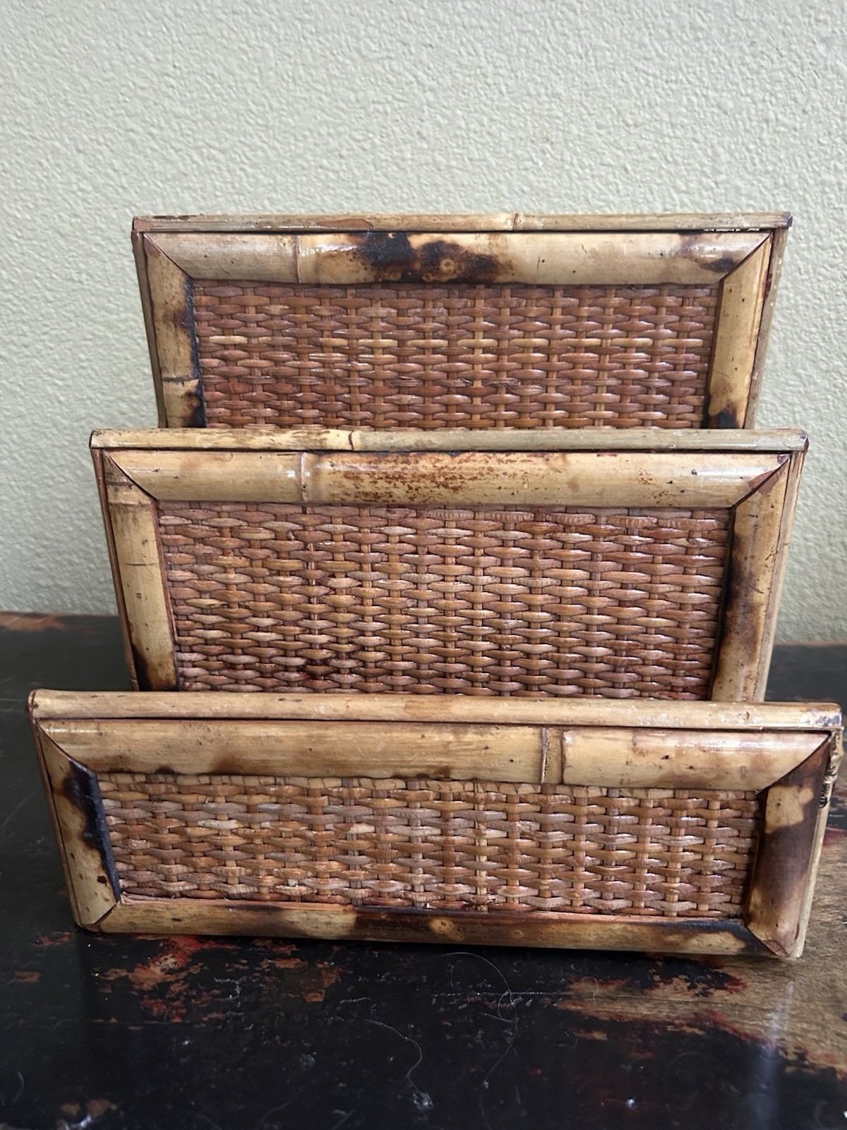 Vintage Coastal Boho Rattan Bamboo Letter Holder Desk Organizer