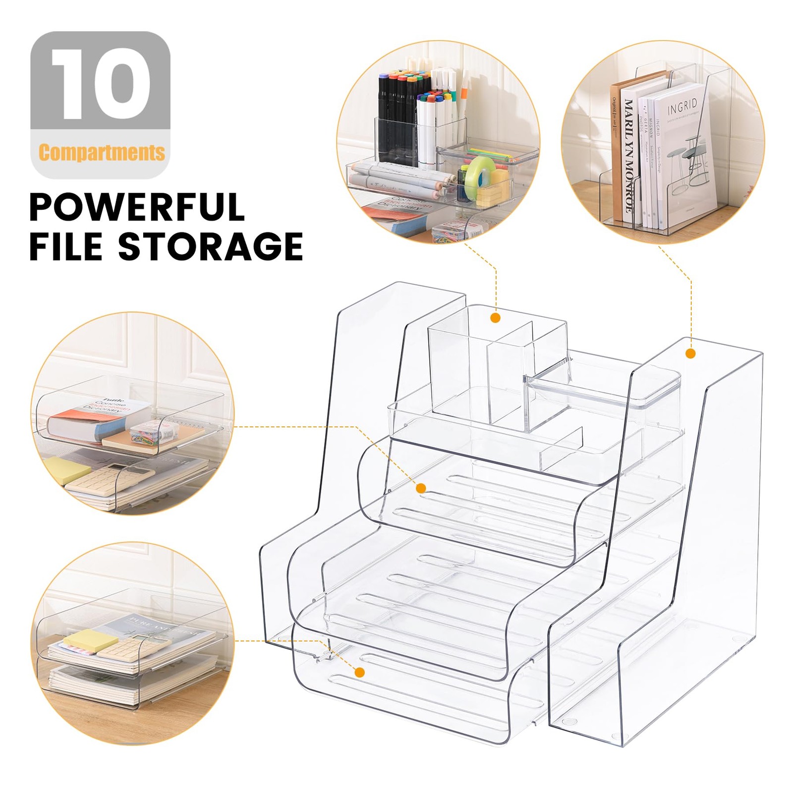 CiWiVOKi Desk Organizer with 2 Vertical File Holder, 4 Tier 6 pc, Clear