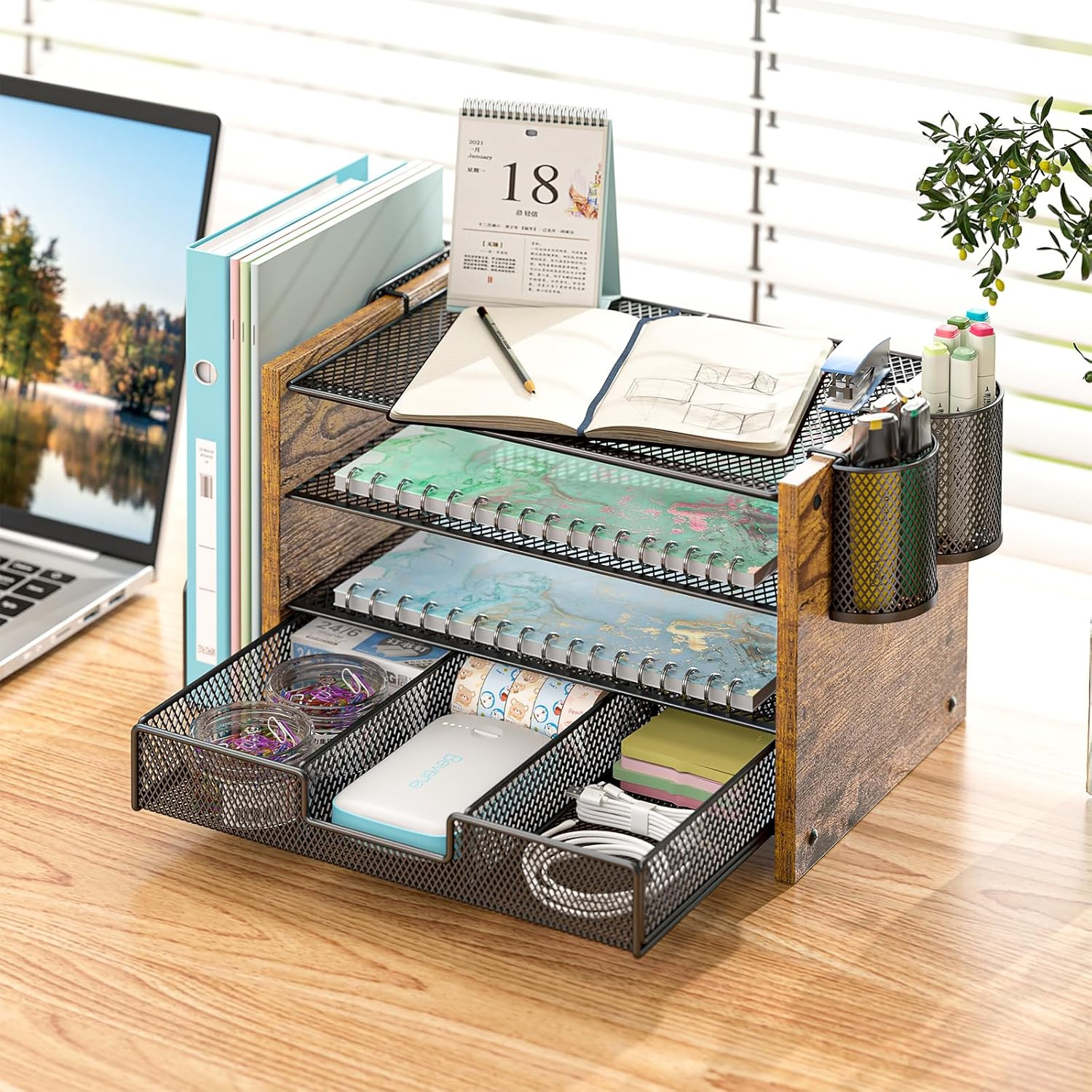 Wooden Desk Organizers Accessories File Holder 4-Tier Paper File Organizer Home