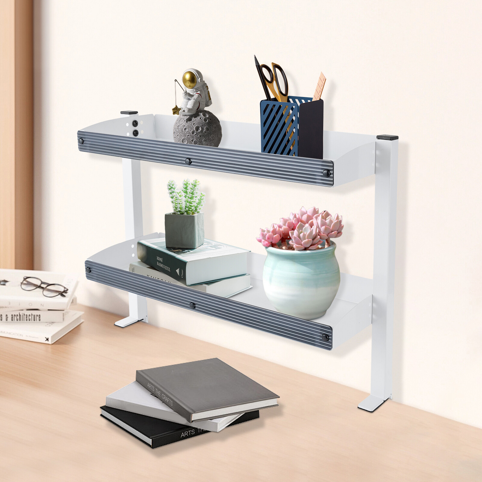 2-Tier Clamp-On Desk Shelf, Adjustable White Storage Organizer for Home