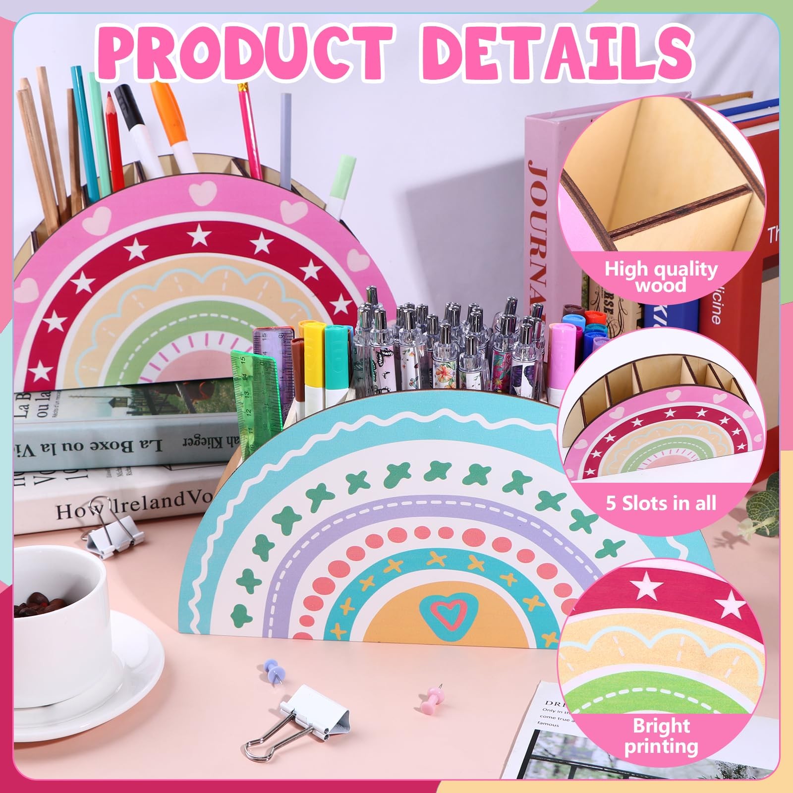 2 Pcs Rainbow Pencil Holder Rainbow Wooden Desk Organizer Boho Decorative Pen…
