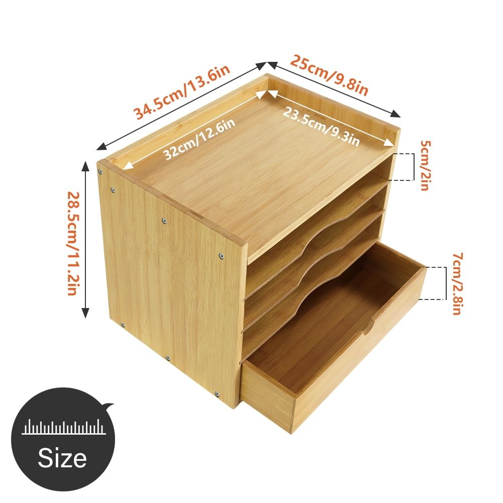 5-Tier Bamboo Desk Organizer with Drawer Tabletop File Organizer Document Hol…