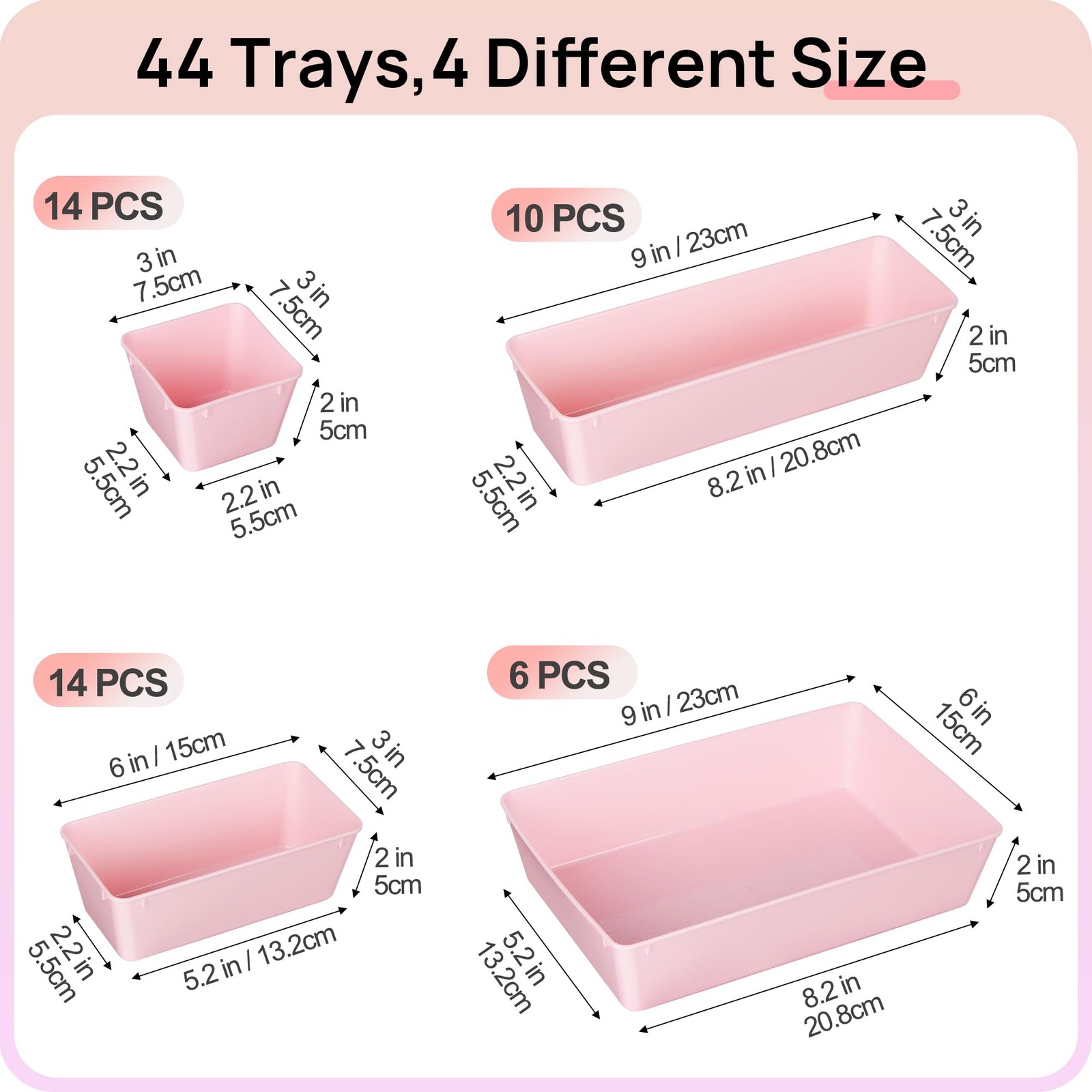 Vtopmart 44 PCS Plastic Drawer Organizers Set, 4-Size Versatile Bathroom Pink