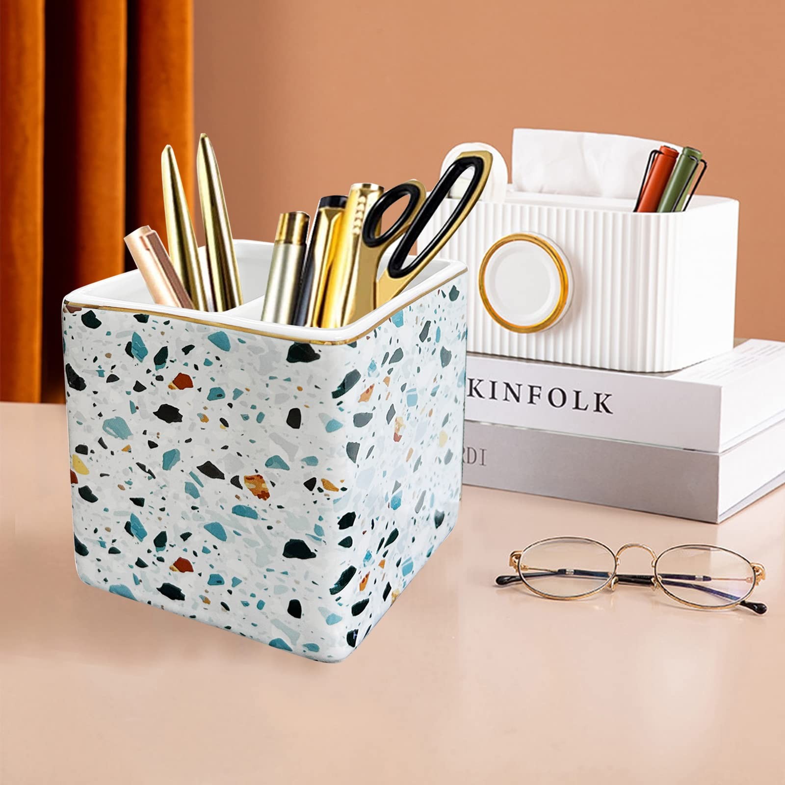Pen Holder for Desk,Ceramic 2 Compartments Gold Terrazzo Marble Pencil Holder…