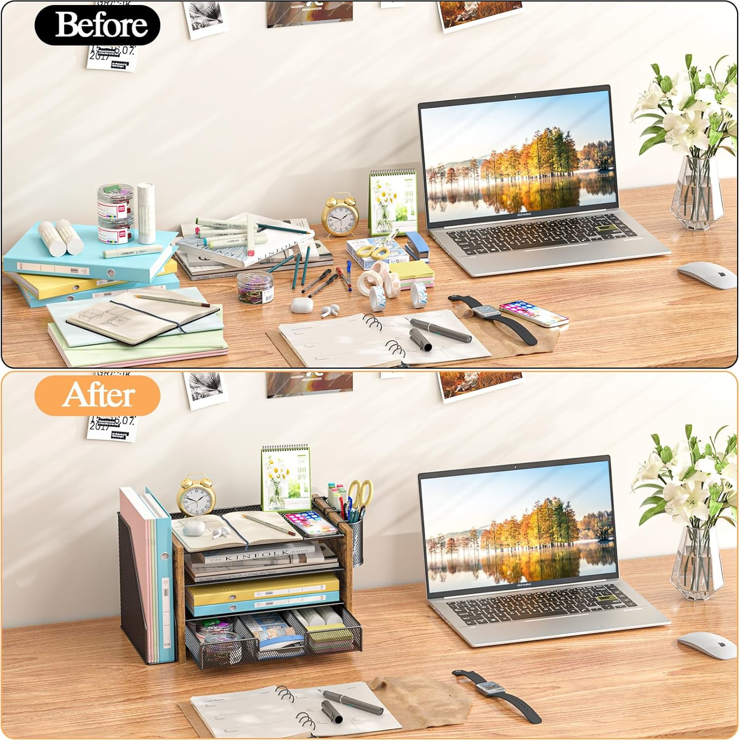 Wooden Desk Organizers Accessories File Holder 4-Tier Paper File Organizer Home