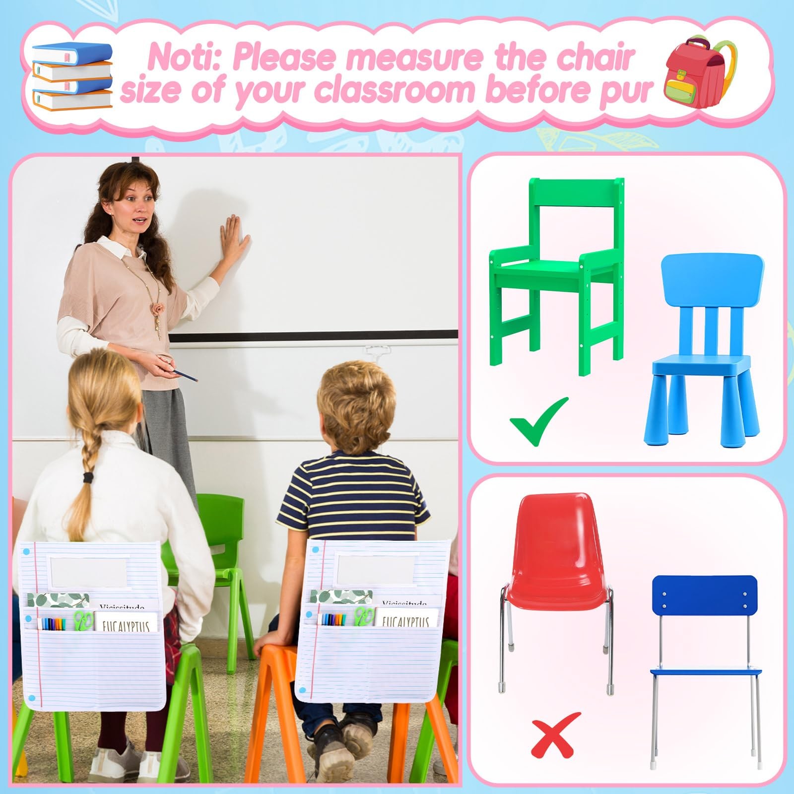 24Pcs Notebook Chair Pockets for Classroom Notebook Chair Back Buddy Pocket w…