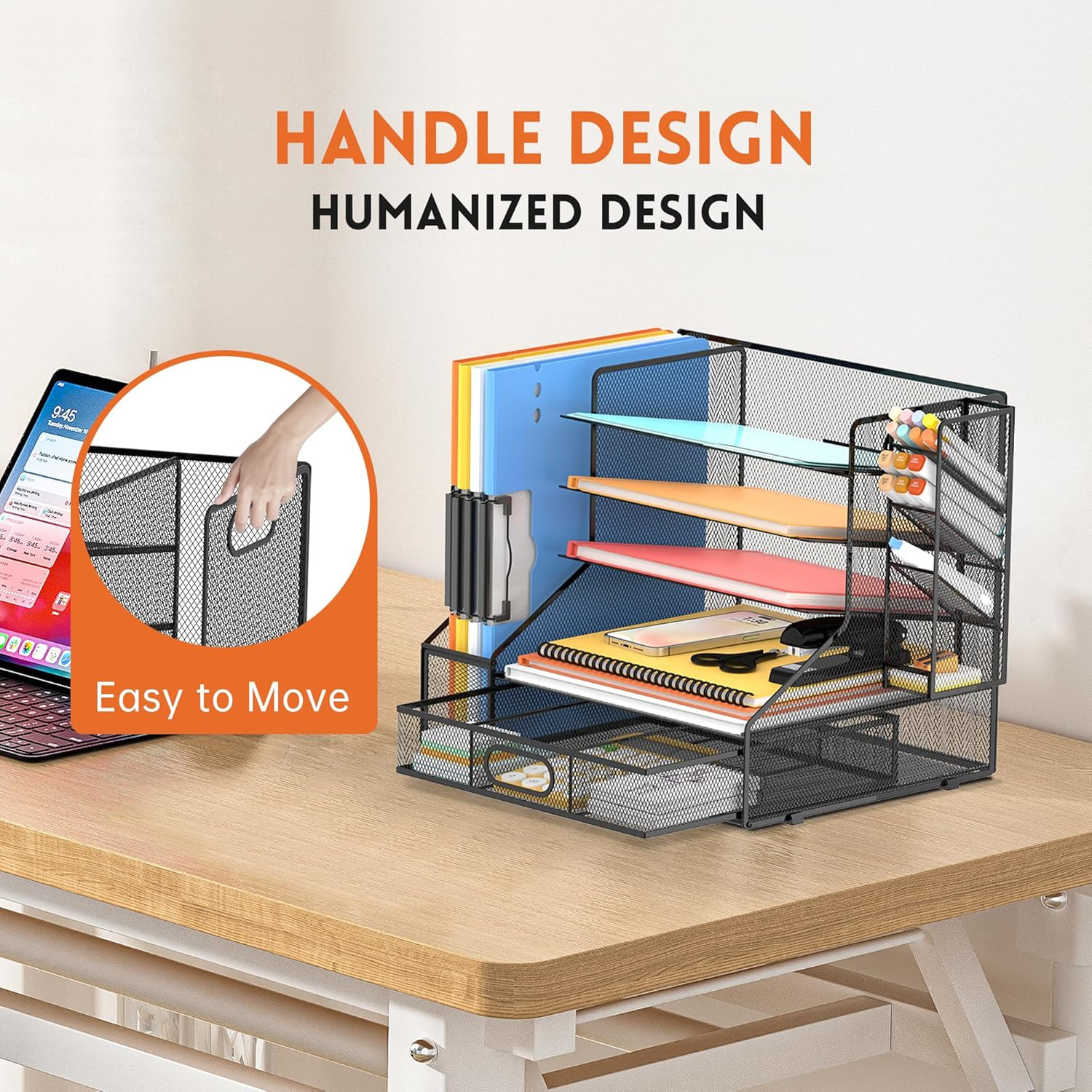 Mesh Desk Organizer, 5-Tier Paper Letter Tray with File Holder & Pen Holder & Sl