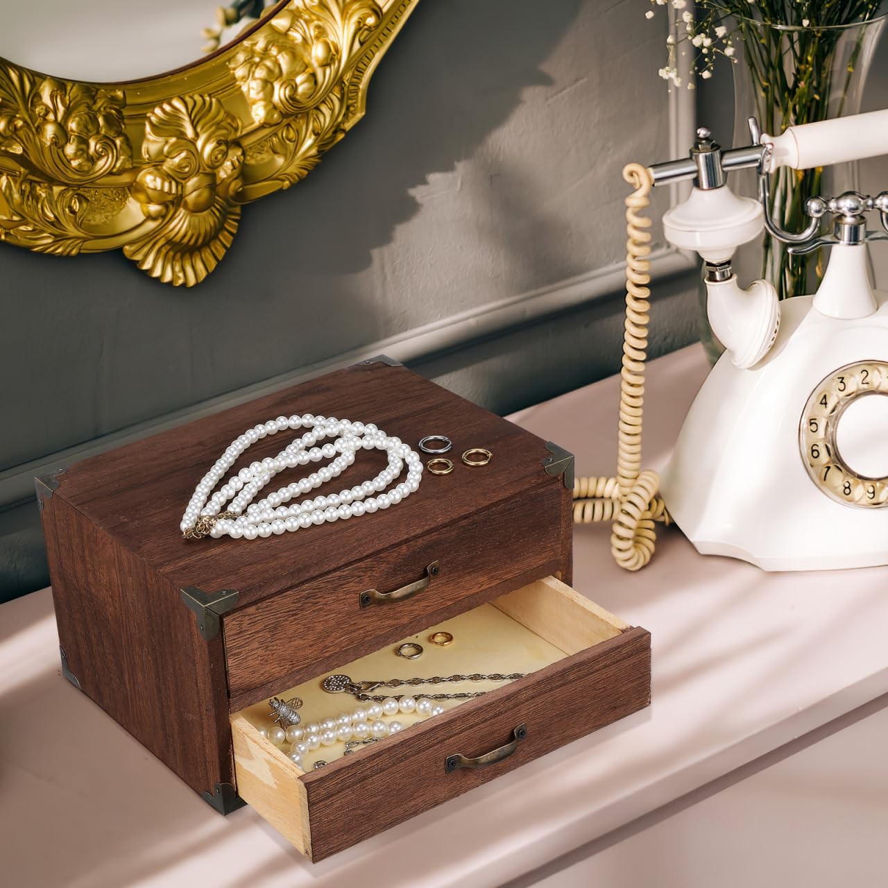 Kichvoe Vintage Wooden Drawer Storage Box with 2 24.00X18.00X13.00CM, style 1