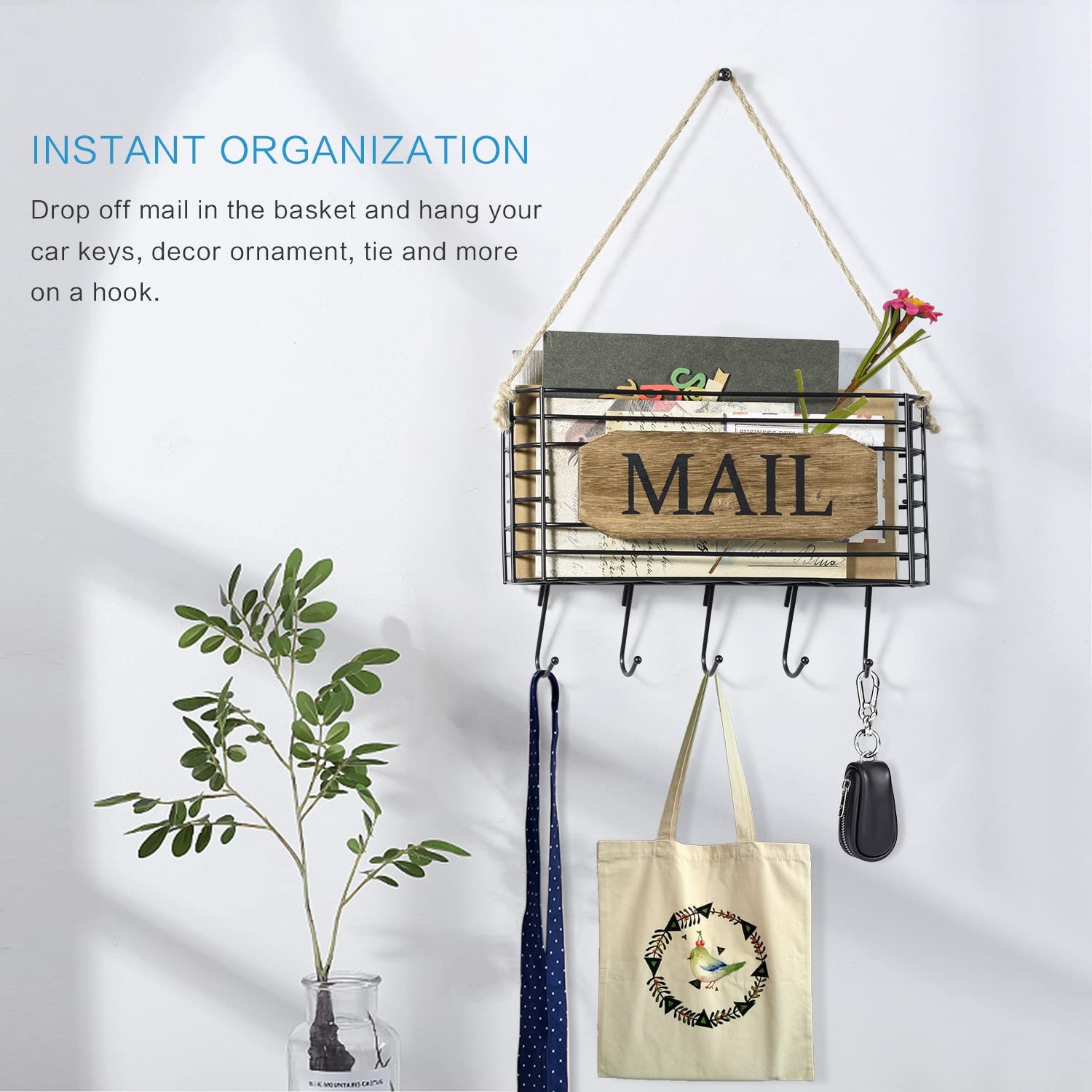 Mail Organizer Wall Mount, Rustic Mail Holder Key Holder for Wall with Hooks, Sm