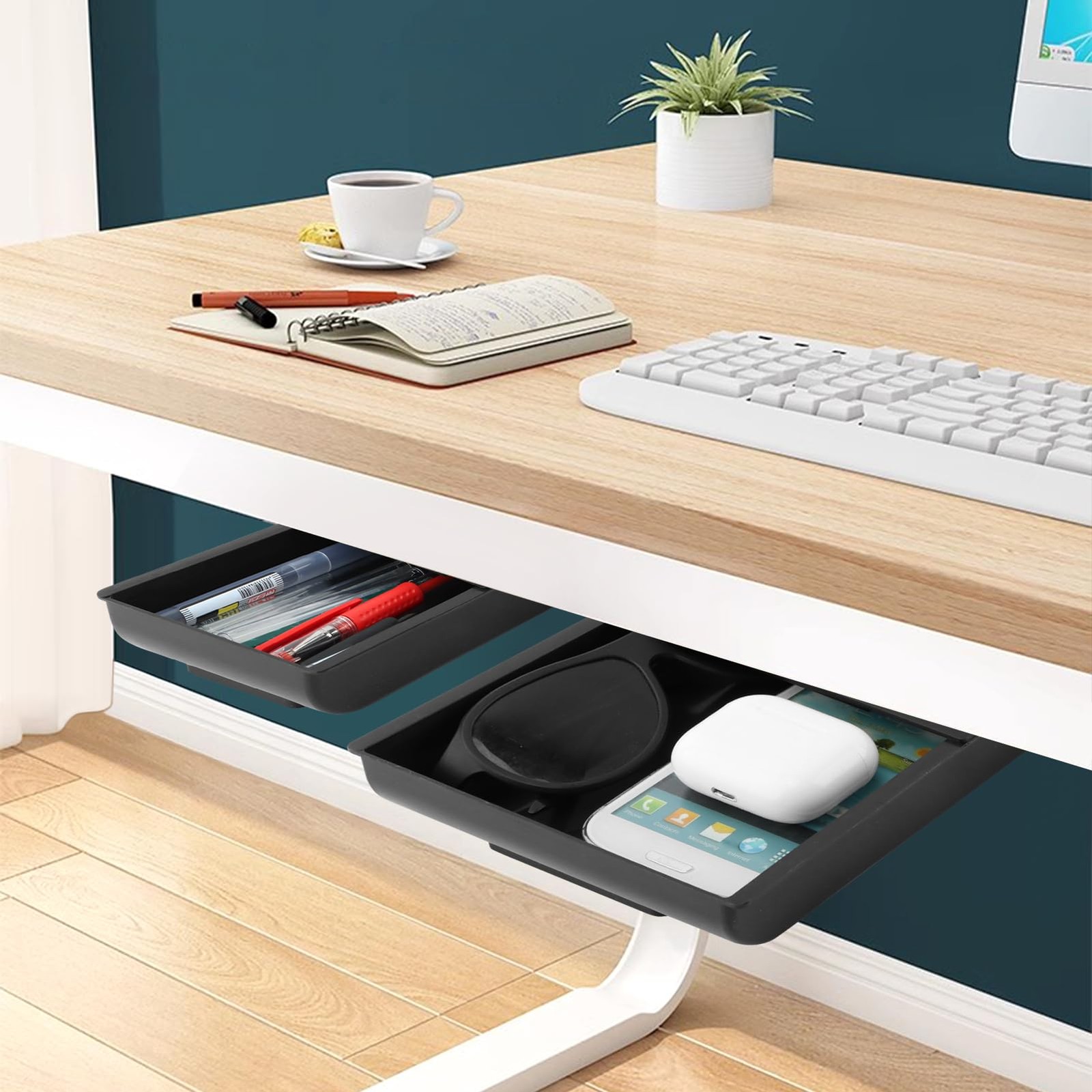 LORGVEXN 2pcs Under Desk Drawer, Self-Adhesive Pull Out Table Tray, Black