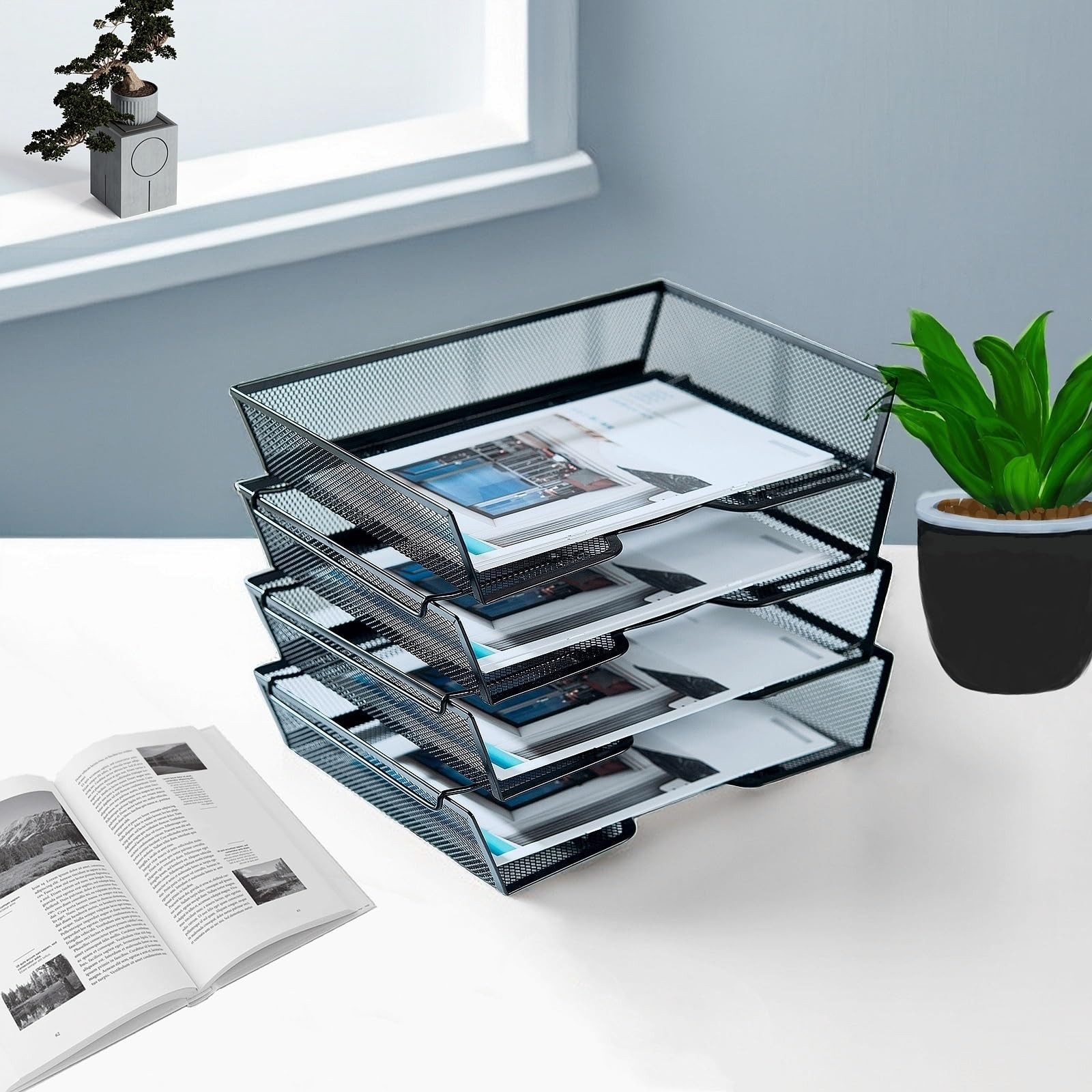 4 Tier Metal Mesh Desk Organizer-Stackable Paper Tray for Home, Office,School…