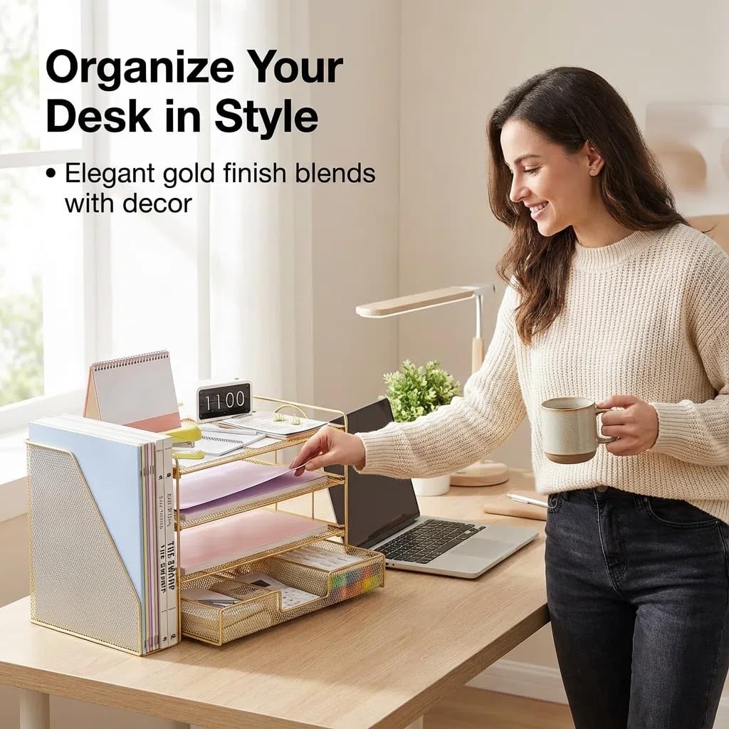 OPNICE File Desk Organizers and Accessories – Paper Letter Tray Medium, Gold