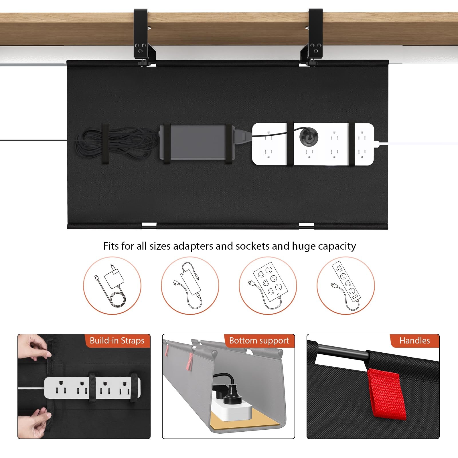 Univivi No Drill Under Desk Cable Management Tray, 28″ 28″L x 5.5″W, Black