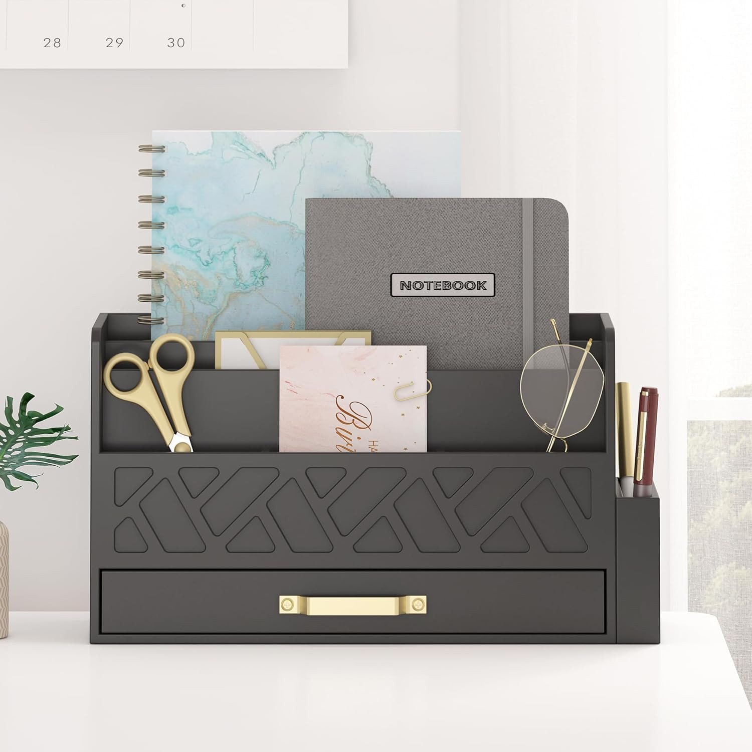 Wisuse Desk Mail Organizer with Drawer – Bamboo Wooden File Bill Sorter Storage