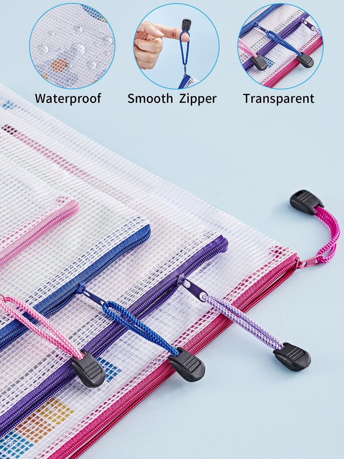 20 Pack 8 Sizes Mesh Pouch, 9 Colors, Waterproof Zipper File Bags Document Mu…