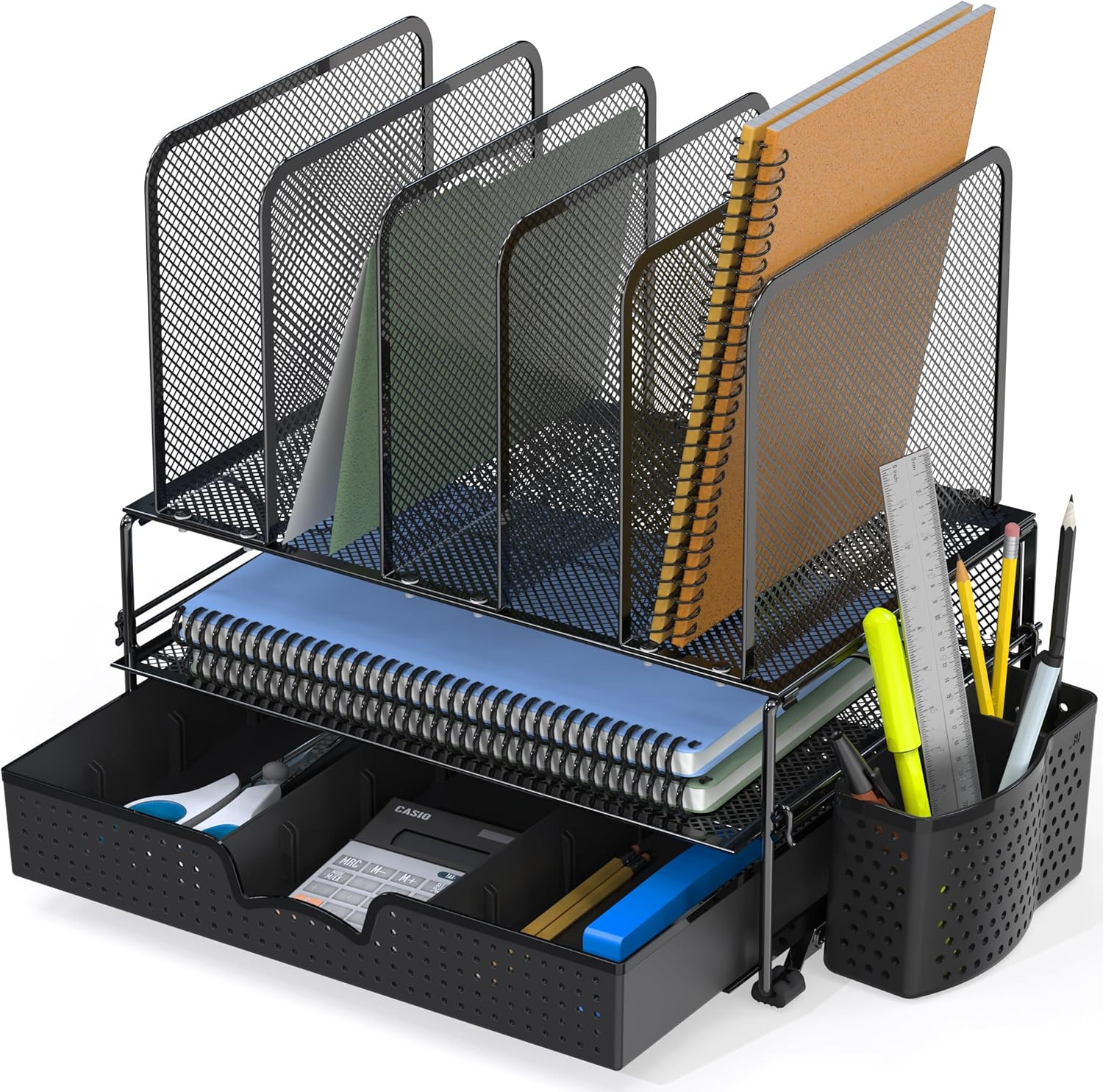 Mesh Desk Organizer with Sliding Drawer, Double Tray and 5 Upright Sections, Bla