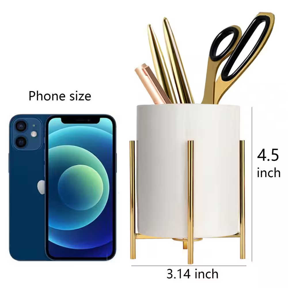 Gold and White Ceramic Pencil Cup with Sturdy Metal Frame, Smooth Marble Finish,