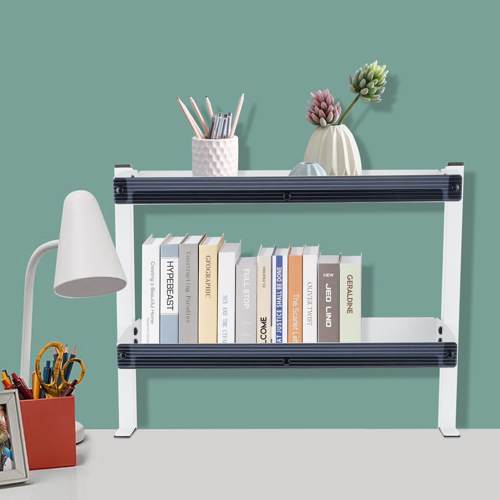 2-Tier Clamp-On Desk Shelf, Adjustable White Storage Organizer for Home