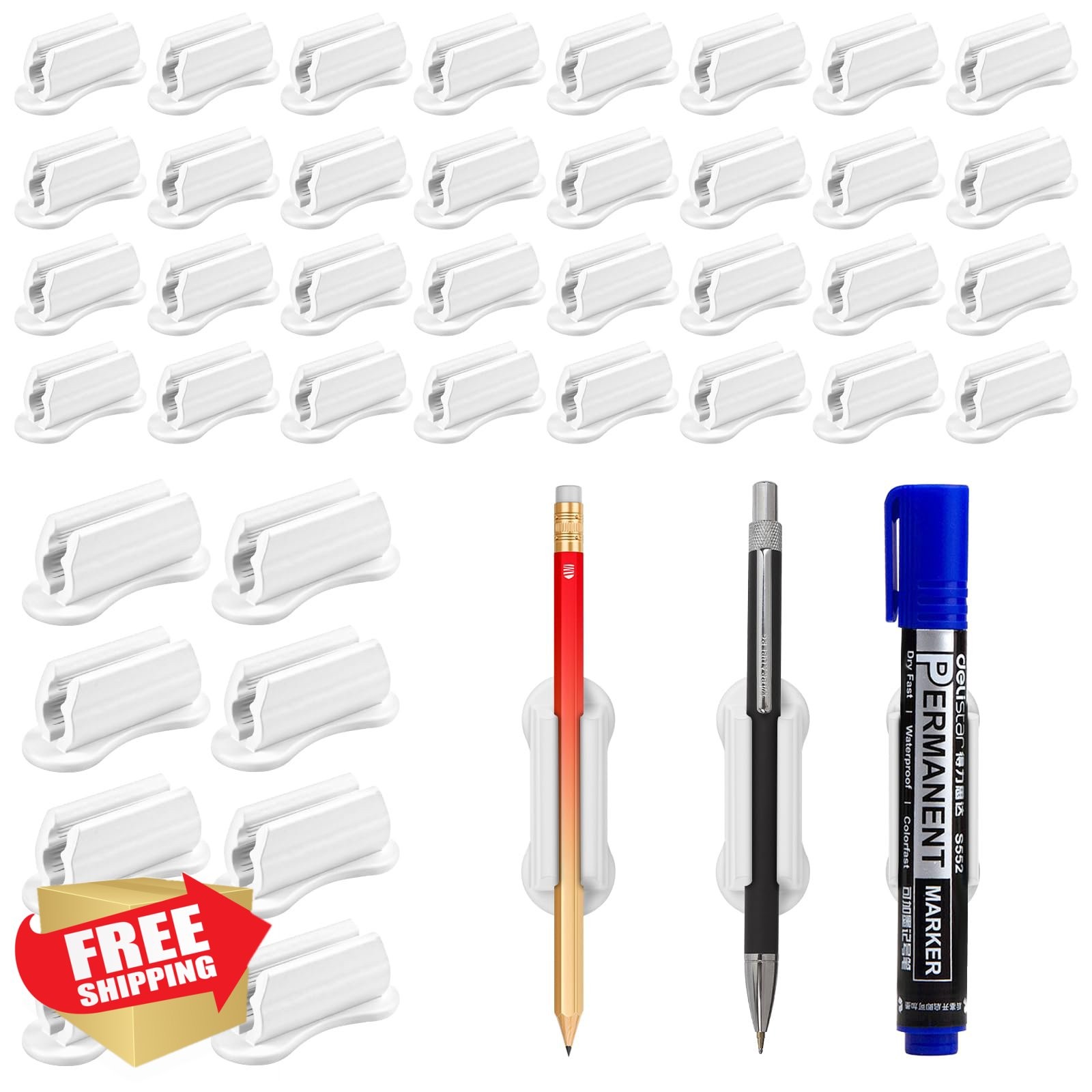 VZZNN 40 PCS Adhesive Pencil Holder White, Silicone Desk Marker Clip