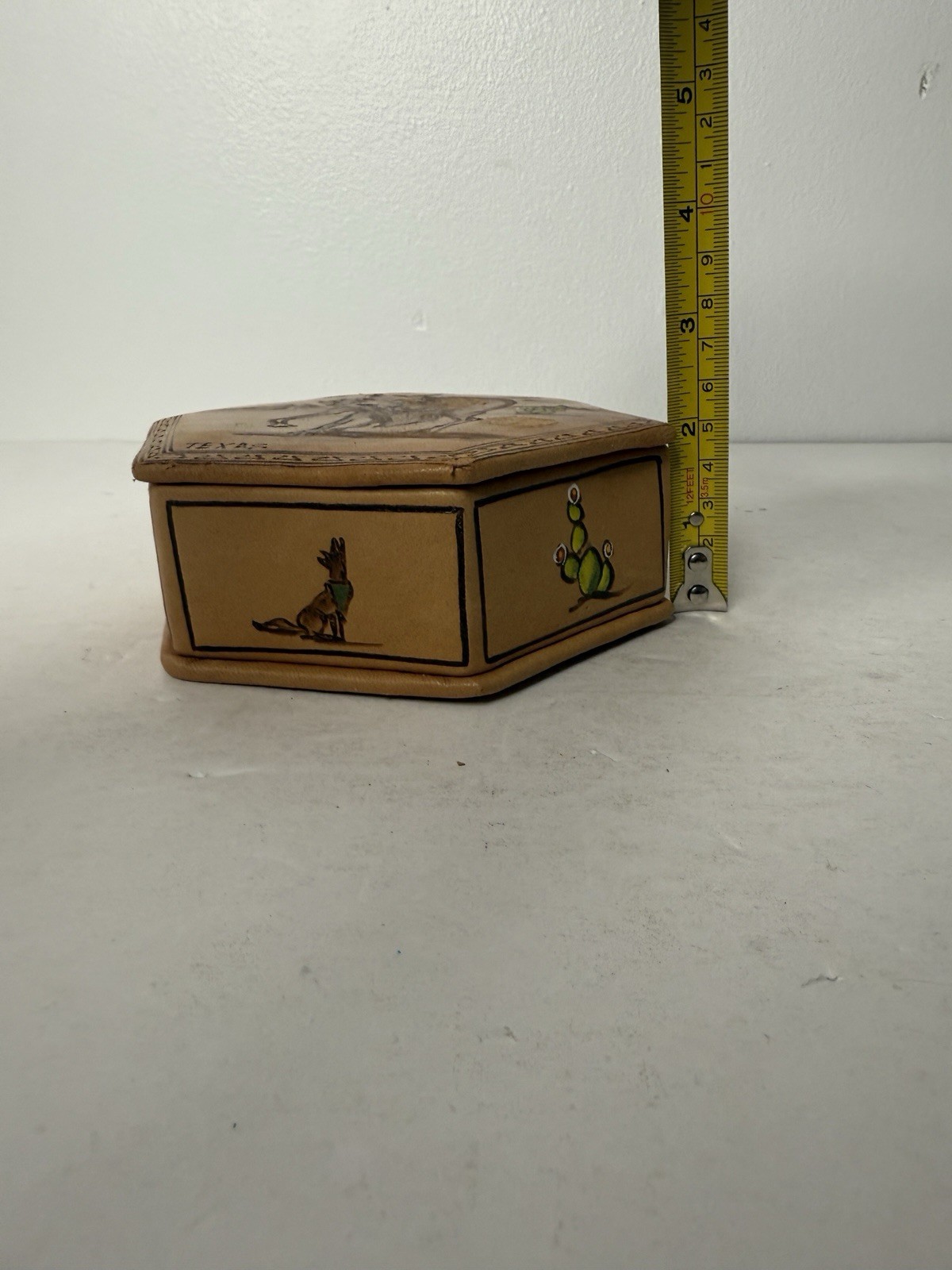 Vintage Faux Leather Hexagon Storage Jewelry Box Red Felt Texas Coyote Handmade