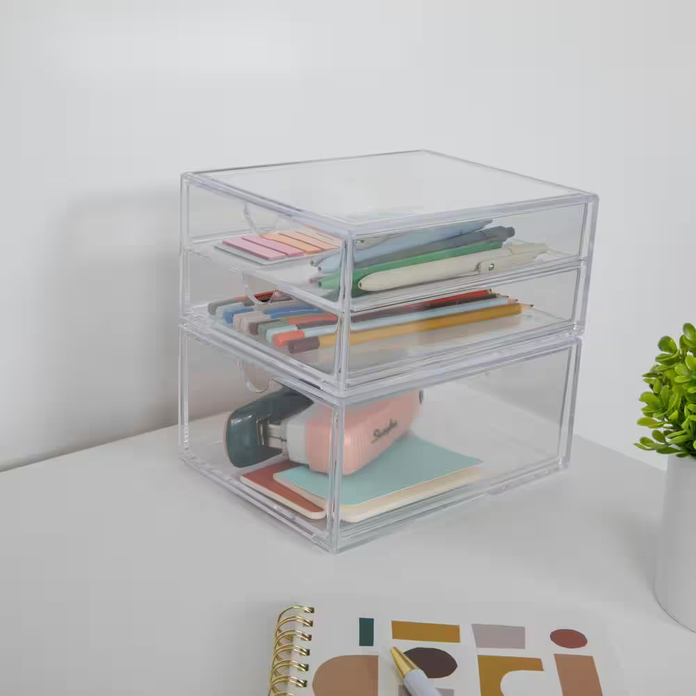 Clear Desk Organizer Set of 2 – 1 Single Drawer/1 Double Drawer