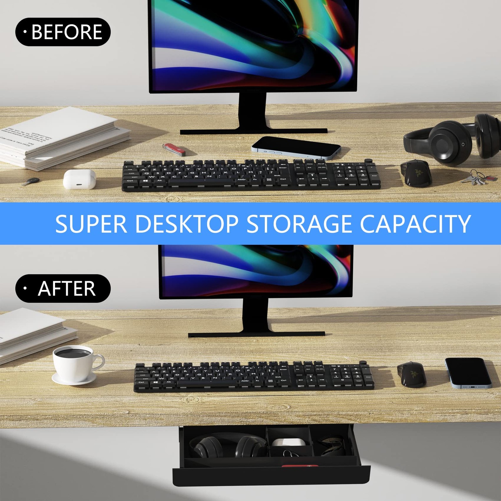 Under Desk Mounted Sliding Pull-out Drawer with Pencil Tray and Slide Storage…