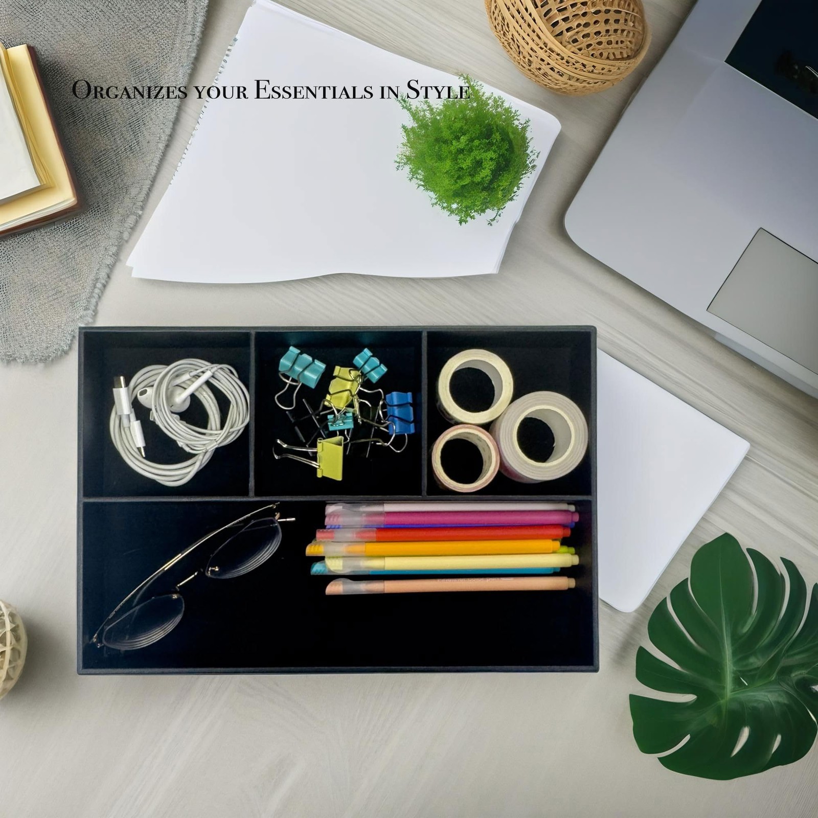 Flat 4-Slot Leather Desk Drawer Tray Stationery Sundries Gadget Organizer Sto…