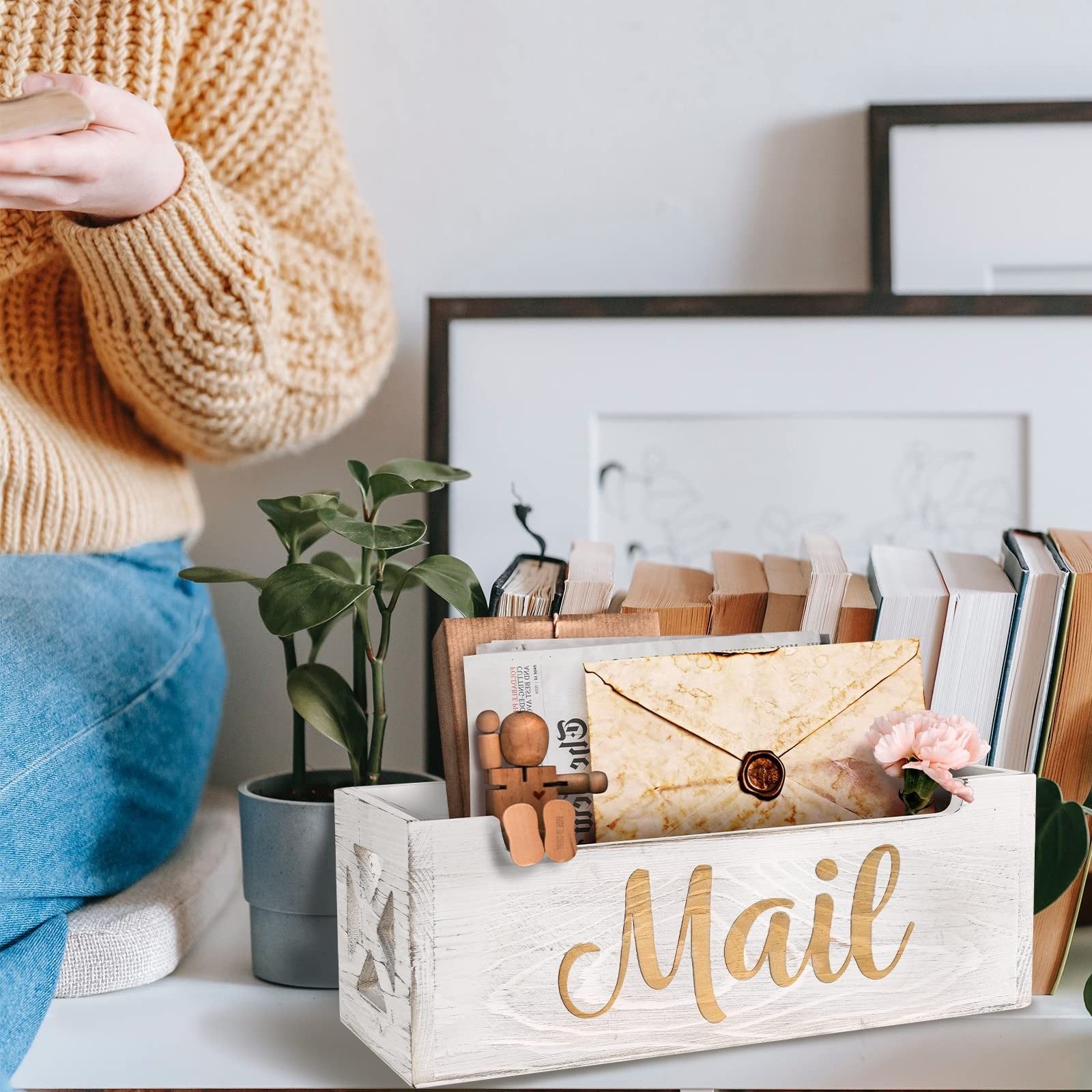 Rustic Wooden Mail Organizer Countertop Holder Box for Desk Wall Mounted