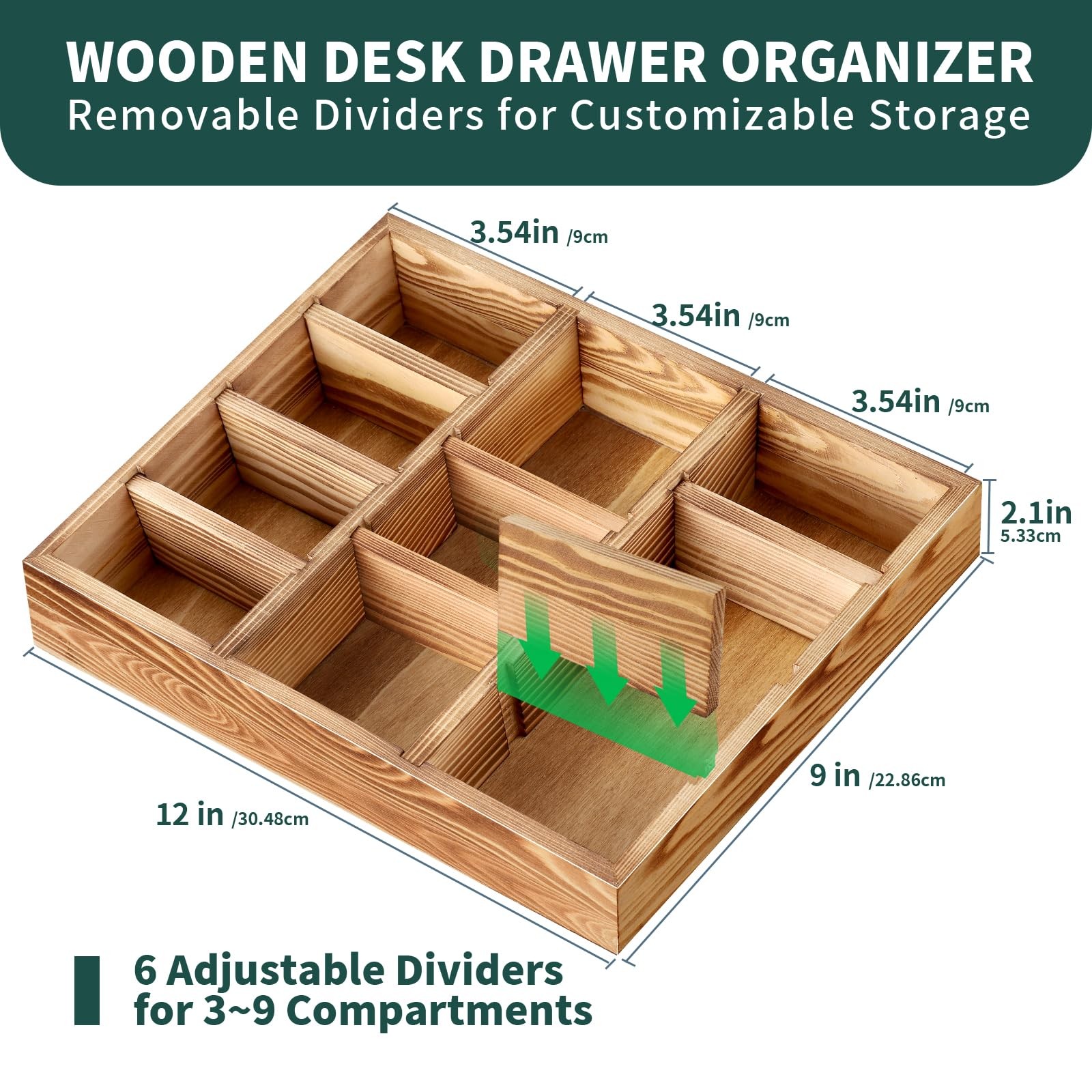 Wooden Desk Drawer Organizer, 9-Slot Office Organization and Storage Box, Adj…