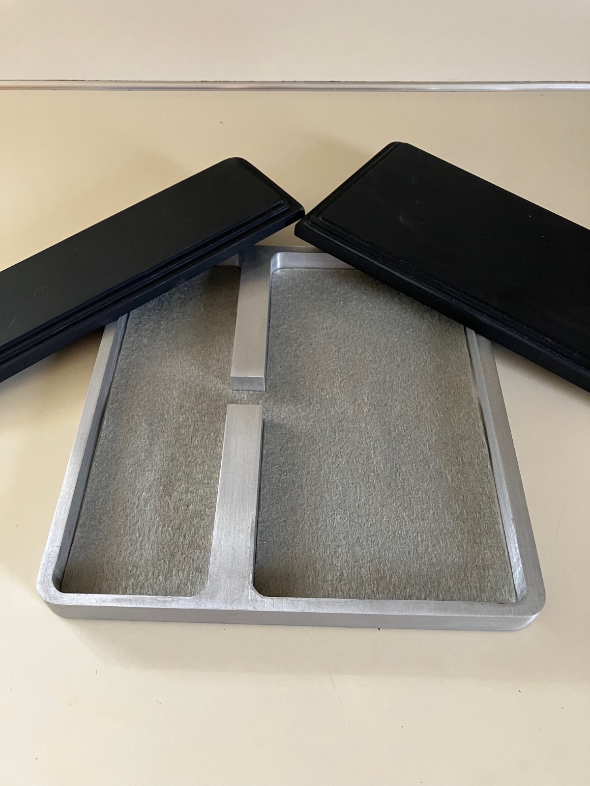 VINT MID CENTURY MODERN DESK ORGANIZER ALUMINUM & BLACK MELAMINE OLIVETTI STYLE