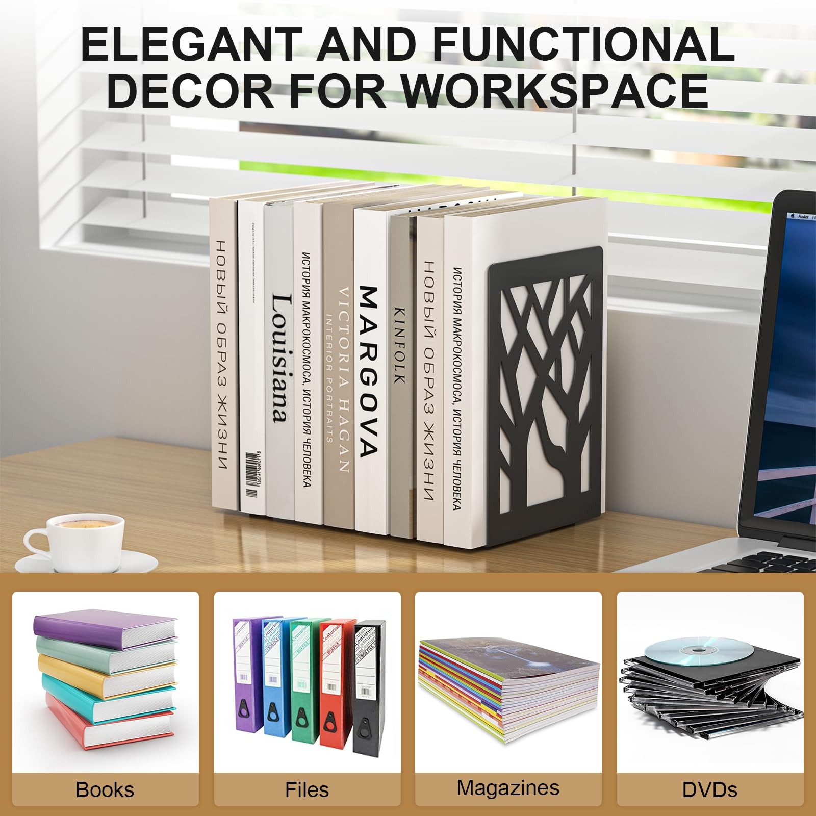 ALOTCHE Bookends 4 Pieces, Tree Design Modern Metal Black 4 Pieces