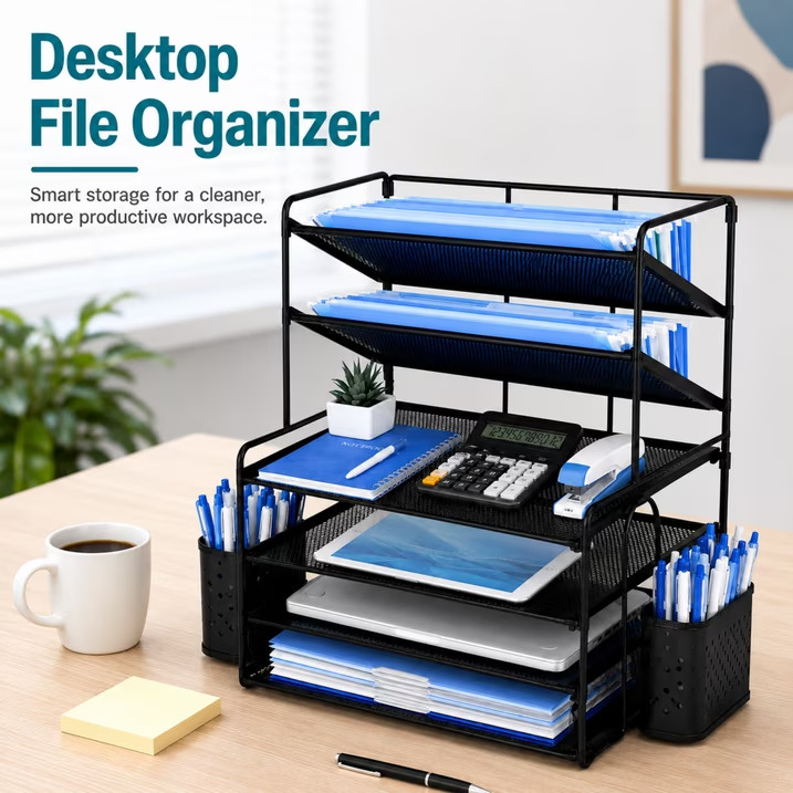6 Tier Desk Organizer Metal Mesh Paper Document Letter File Tray Pen Holders Bla