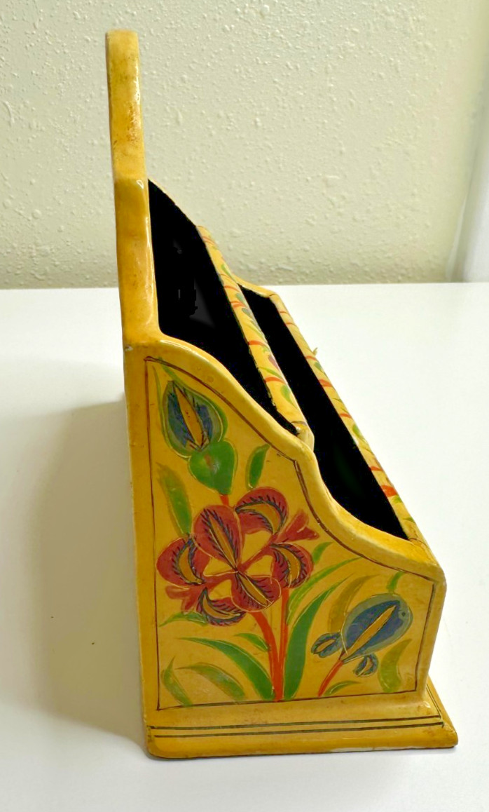 Desktop Letter Holder Yellow Painted Floral Organizer Paper Mache