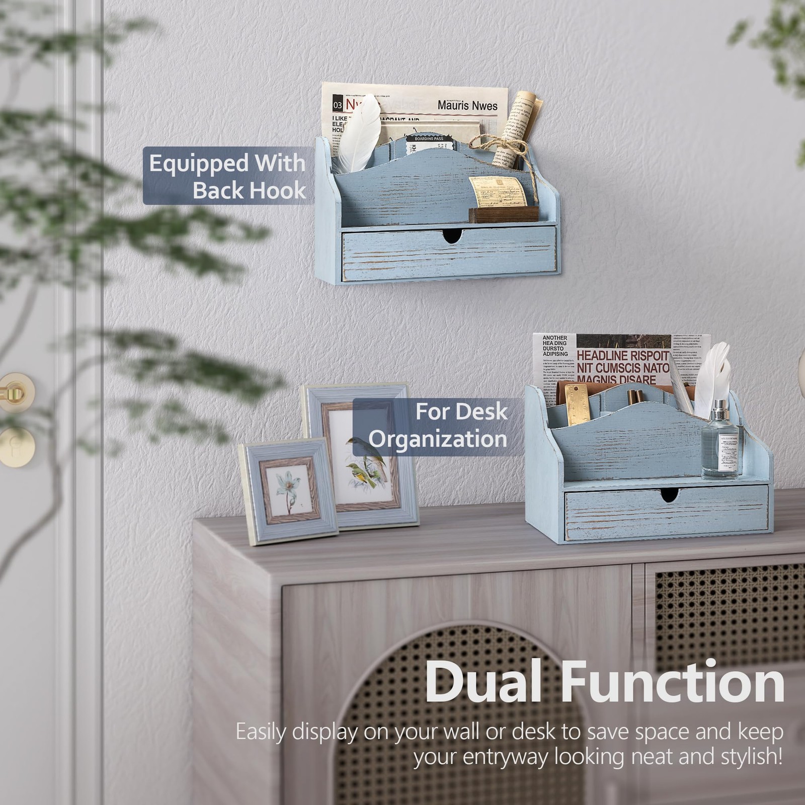 Pine Wood Mail Organizer for Desk – Vintage Farmhouse Style Mail Organizer wi…