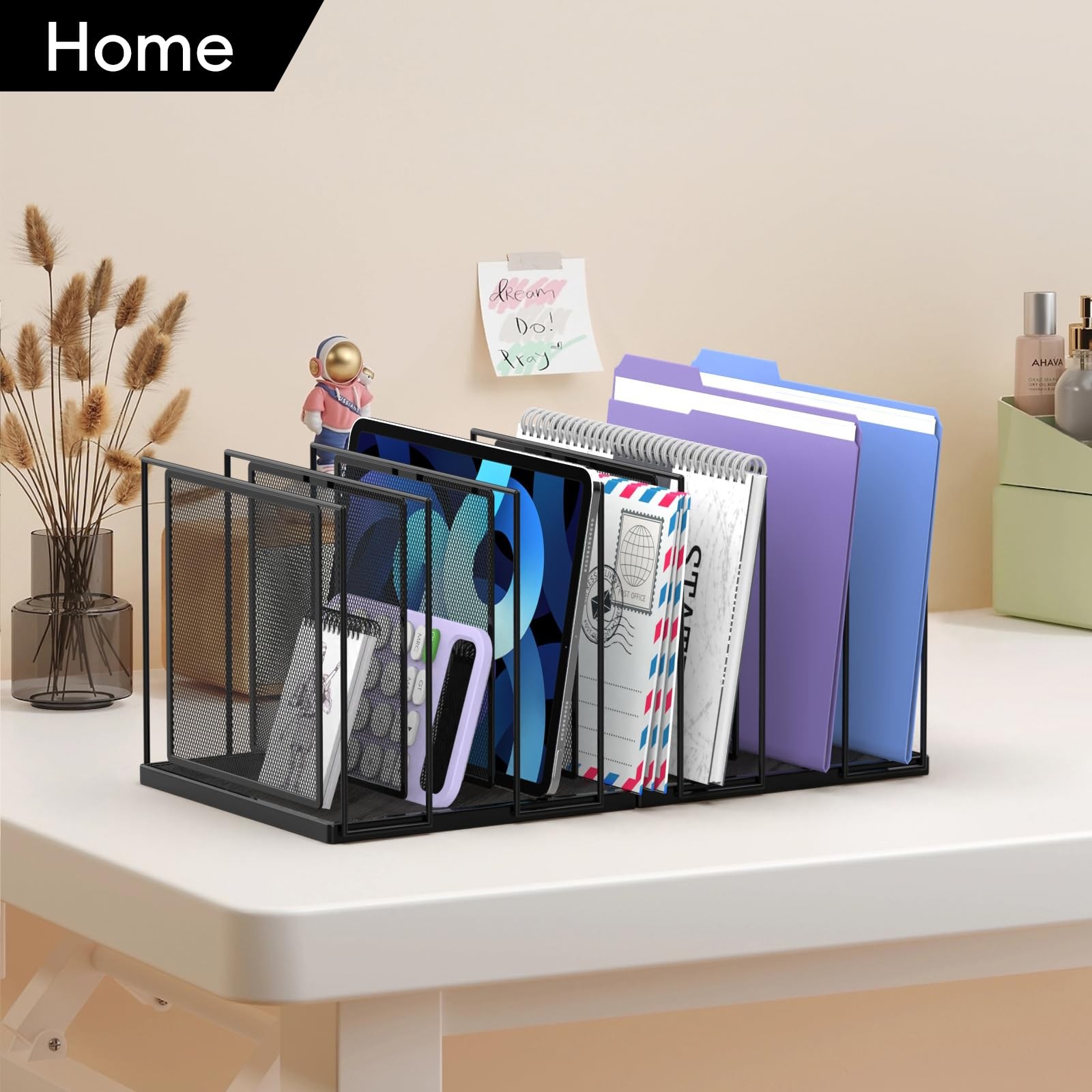 Black 7Section Vertical Desk File Organizer Standing Metal Sorter Paper