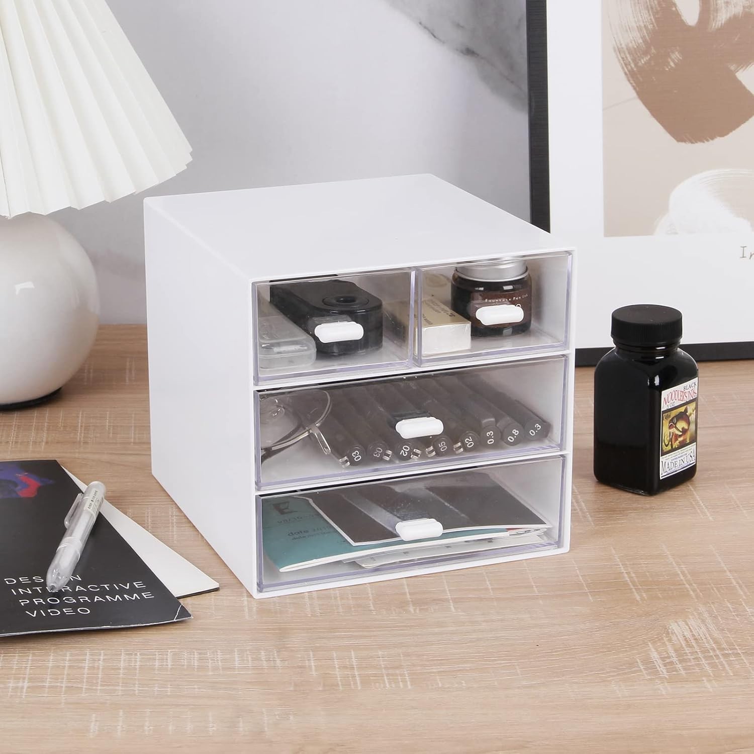Modern White Desk Organizer with 4 Acrylic Drawers – Effortless Organization