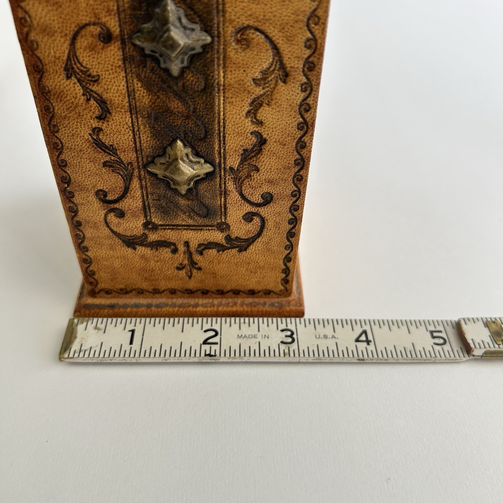 Ornate Pen Pencil Holder Vintage Desk Accessories Italy Embossed Leather? 4.5″