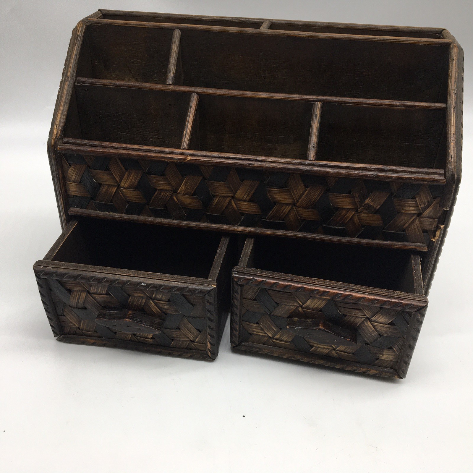 Vtg Wood + Woven Bamboo Desk Organizer Divider 2 Drawers Letter Holder Utensils