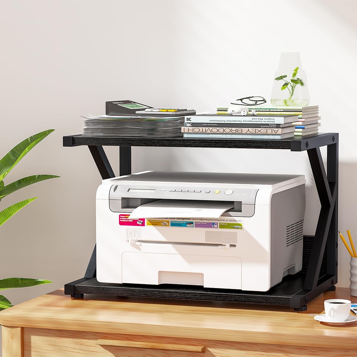 aboxoo Desktop Printer Stand with 2 Tier Wood Storage 2-Tier, Black