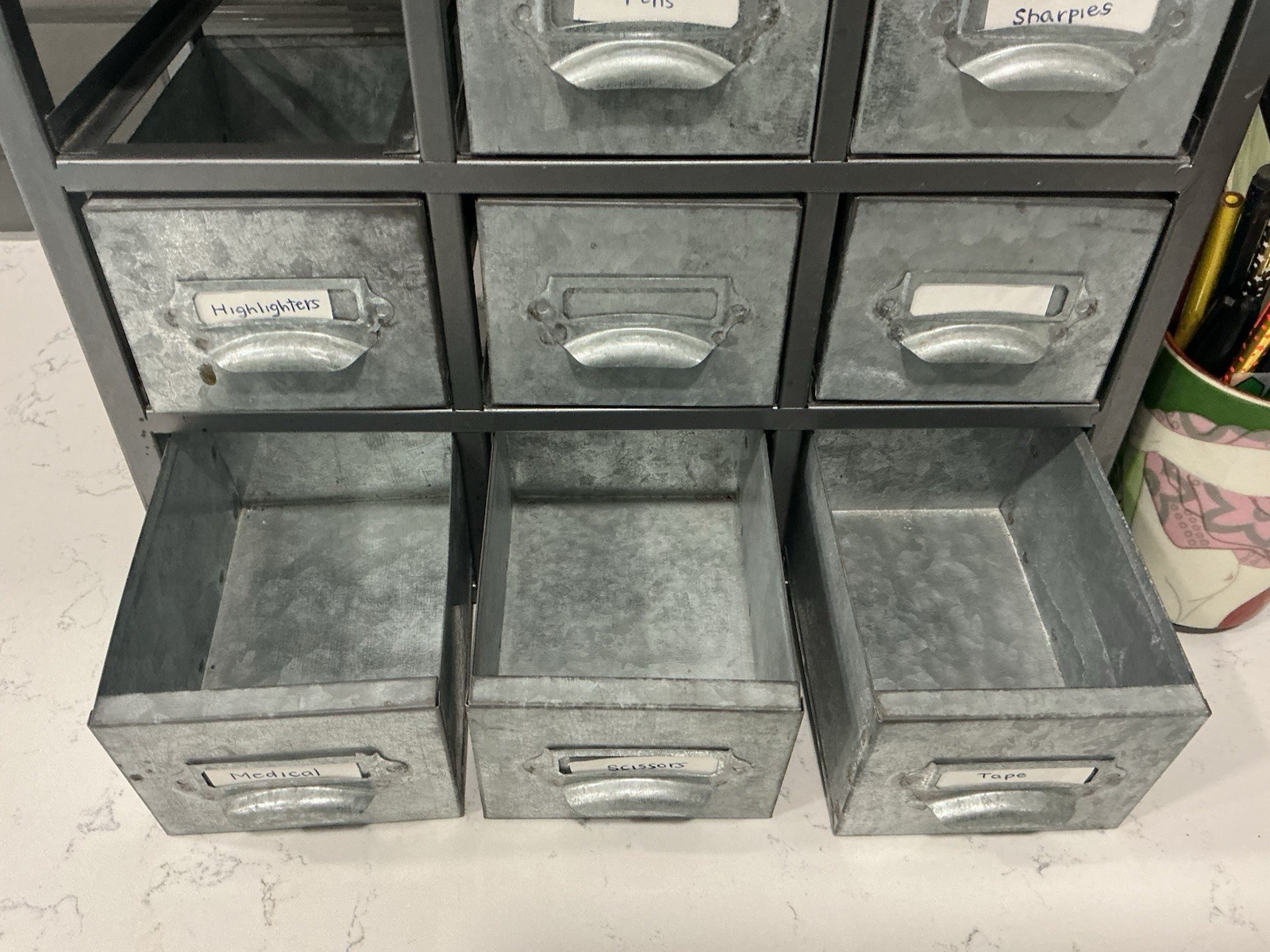 Cheung’s Desktop Galvanized 9 Drawer Vertical Organizer w/ Label Scoop Wood Top