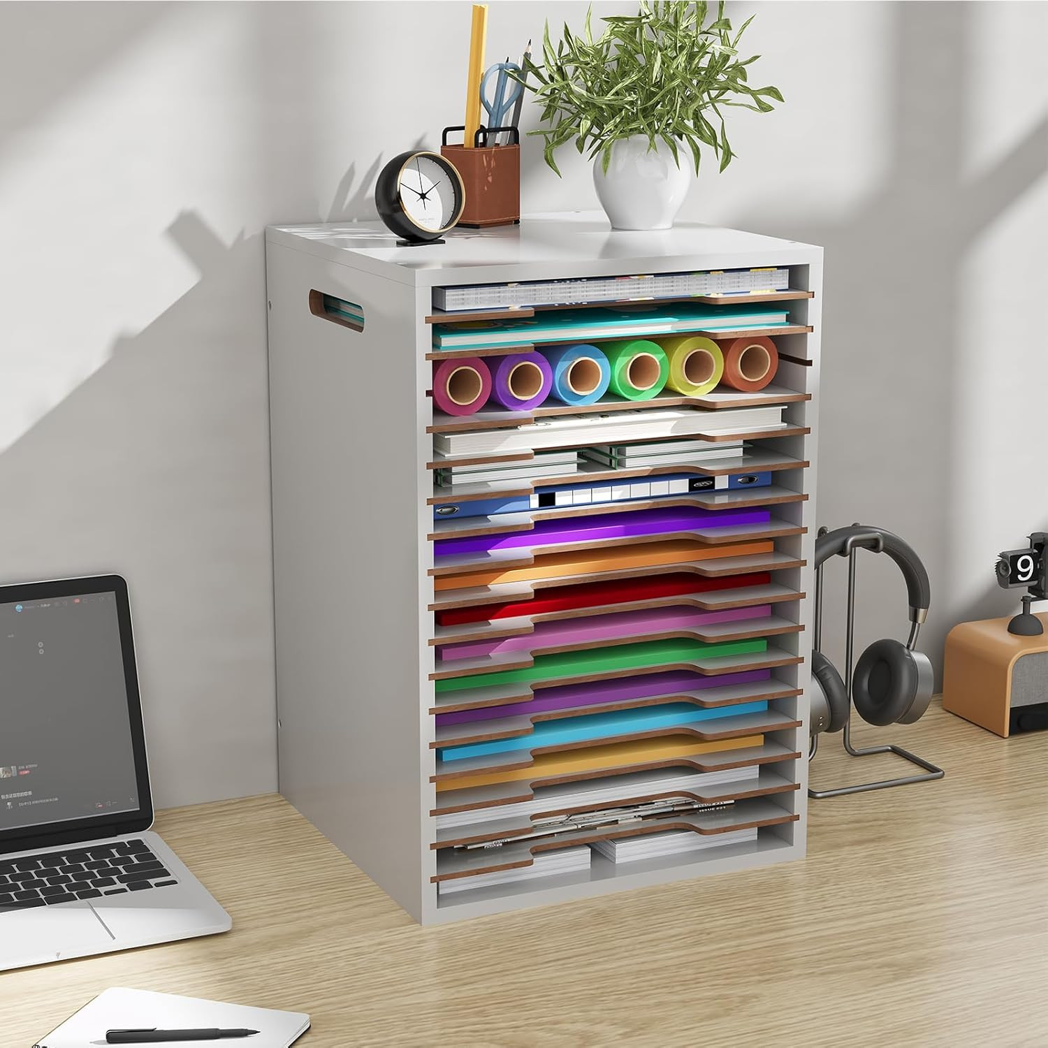 12X12 Scrapbook Paper Storage Organizer Wood, 18 Tier Desk File Organizer with H