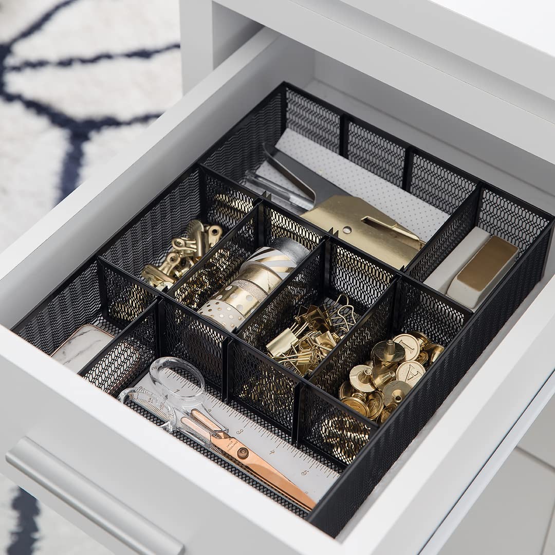 BLU MONACO | Black Metal Mesh Desk Drawer Organizer Tray | 12