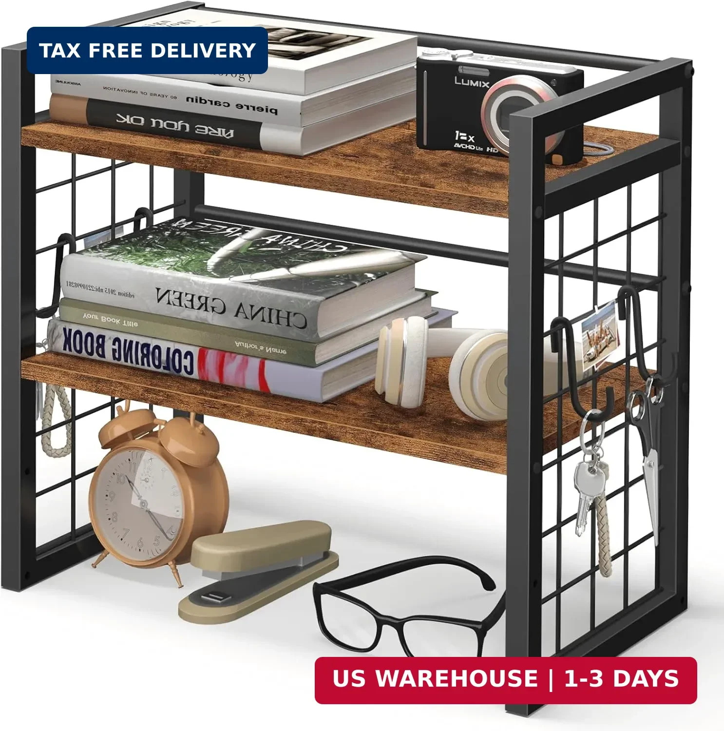 ELITEROO Desktop Shelf Organizer, 2 Tier Wood Desk Bookshelf, Desk Top Storage R
