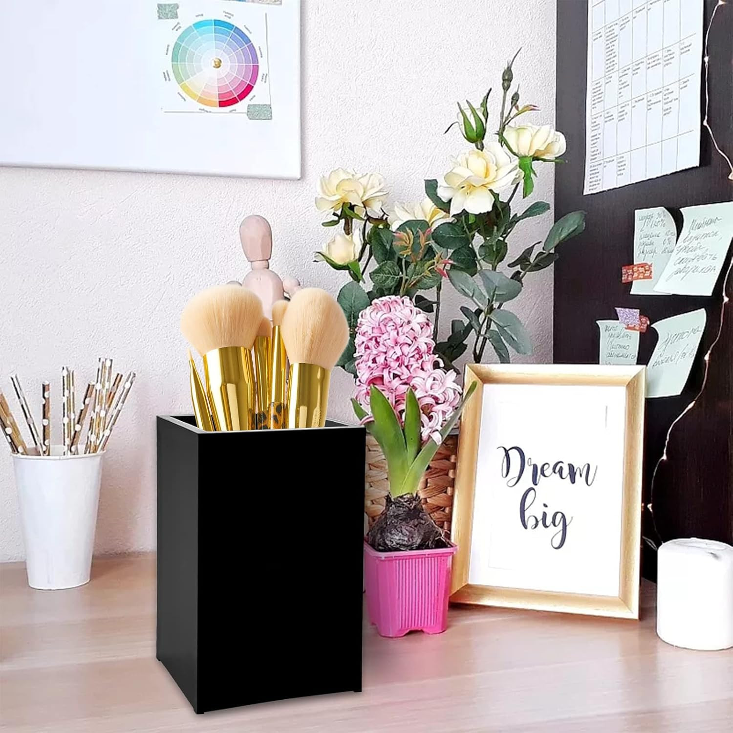 2 Pack Black Acrylic Pencil Pen Holder Cup,Desk Accessories Holder,Makeup Brush