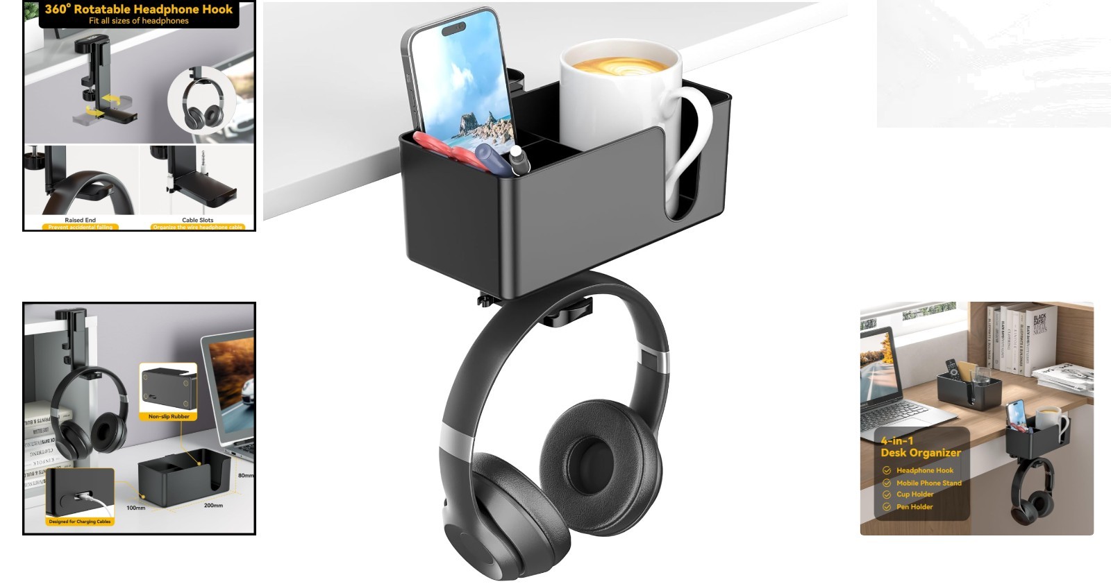 Detachable 4-in-1 Desk Storage: Headphone Hanger with 360° Rotation & Cup Holder