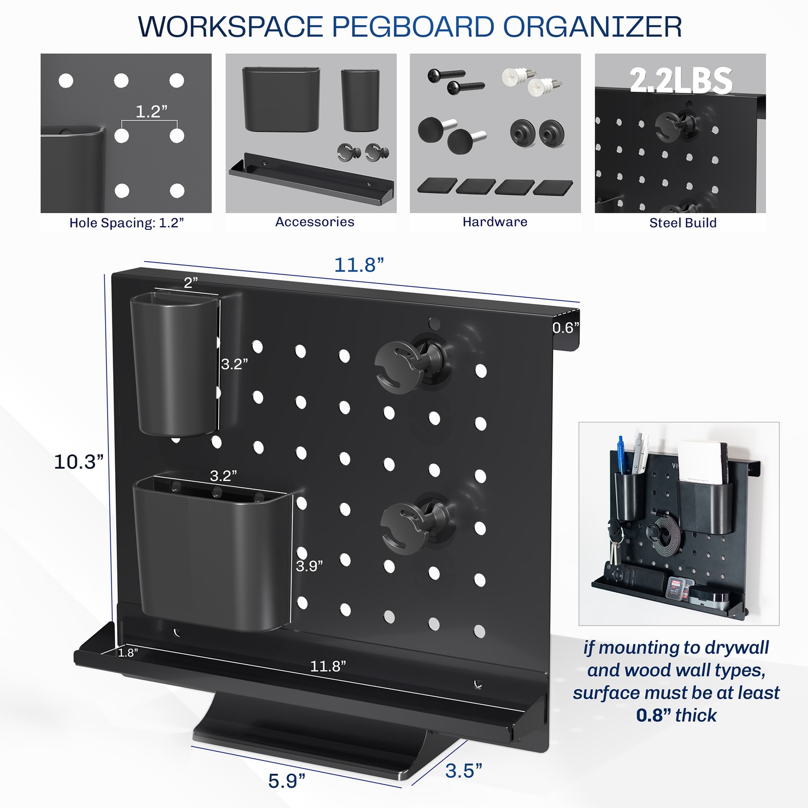 VIVO Black 12 x 10 inch Freestanding Pegboard Desk Organizer