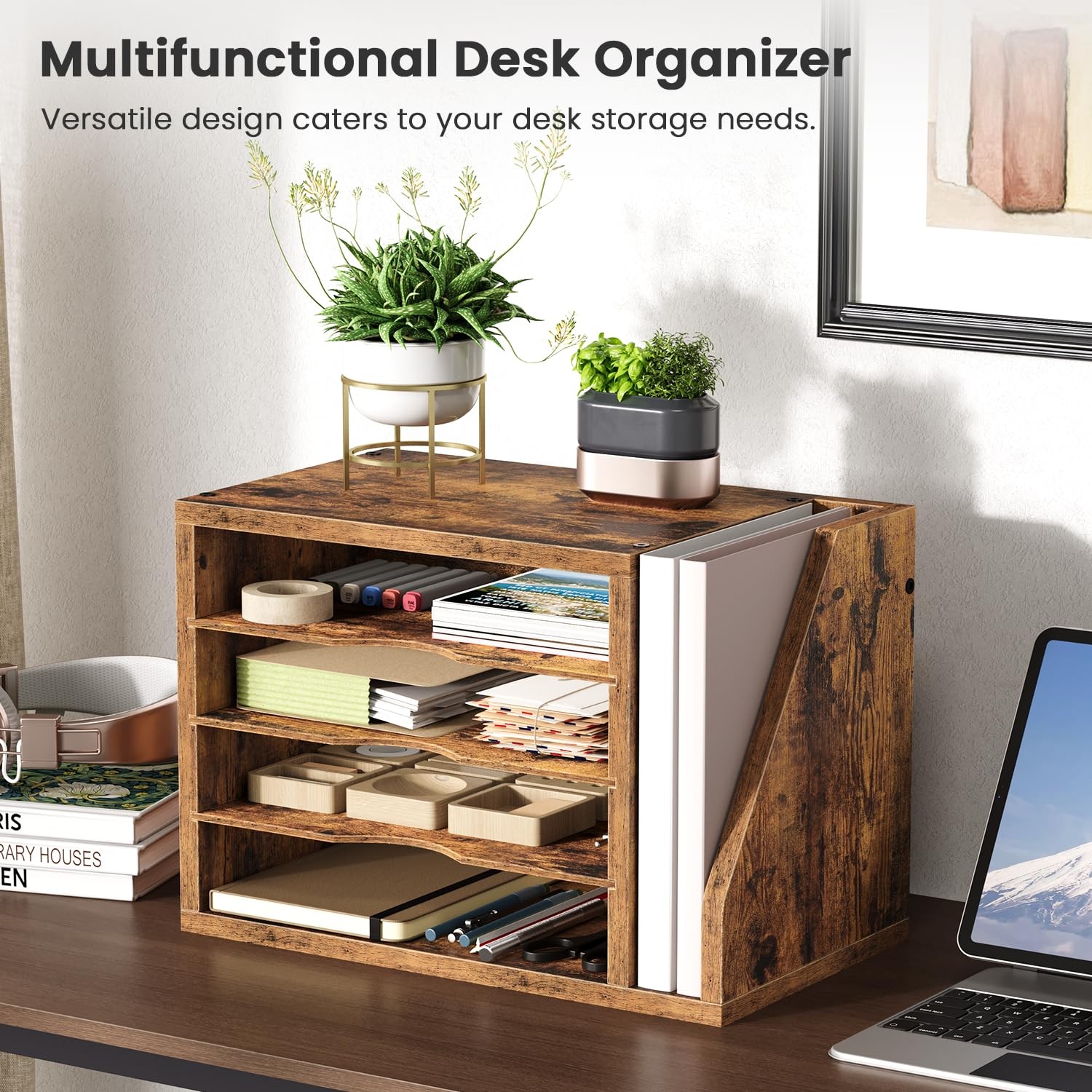 File Organizer Desktop, Wood Desk Organizer with 3 Adjustable Shelves, Mail P